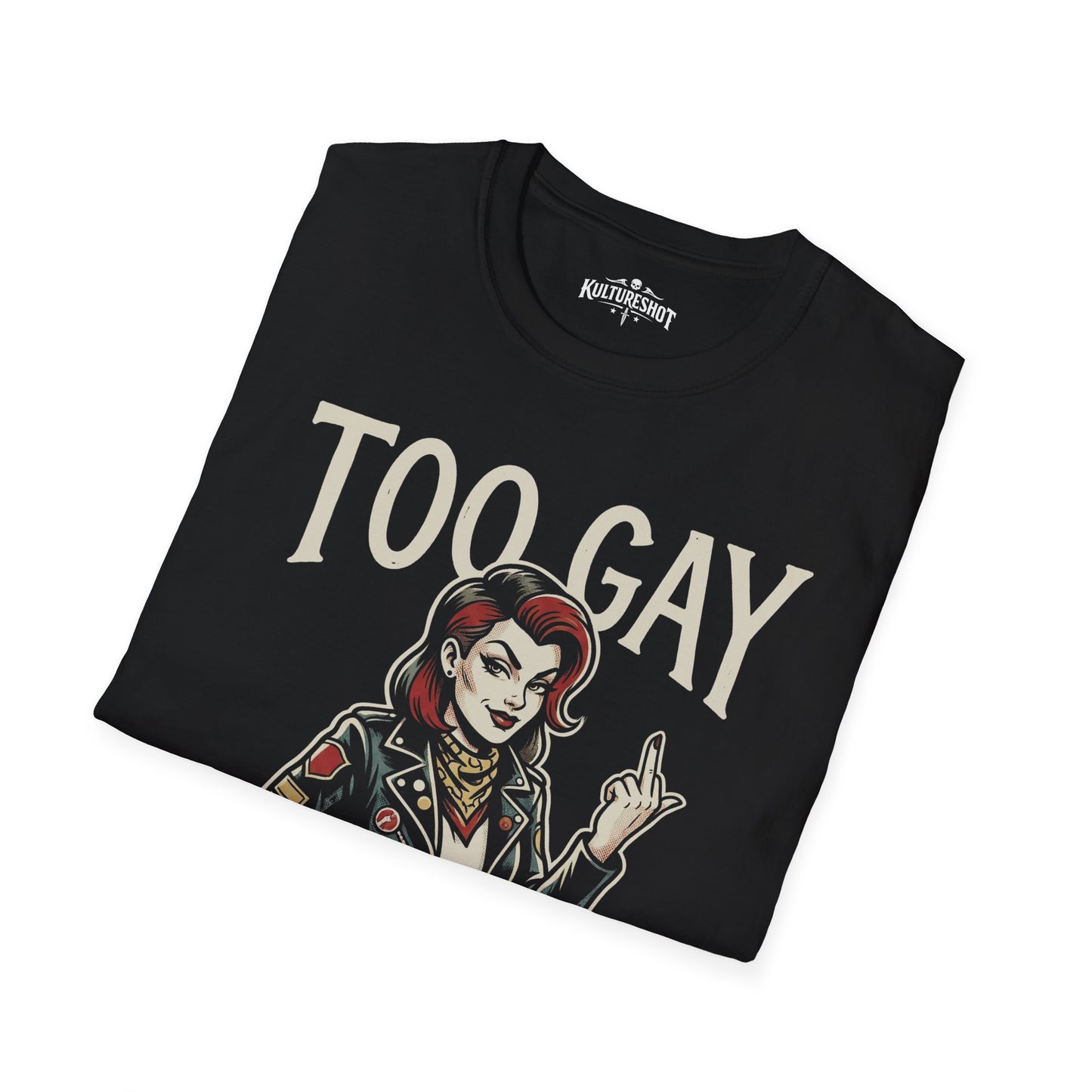 Black t-shirt with graphic design and text on a white background