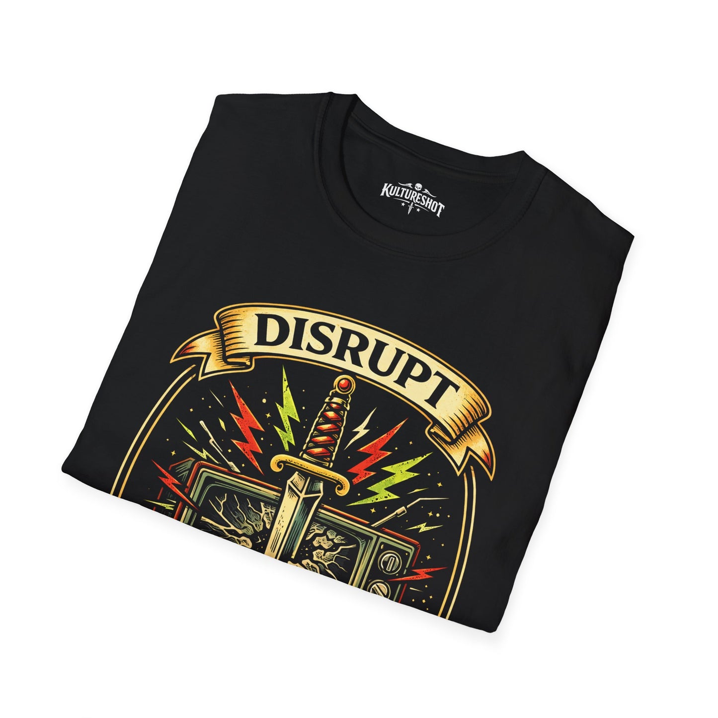 Black t-shirt with 'DISRUPT' design on a white background