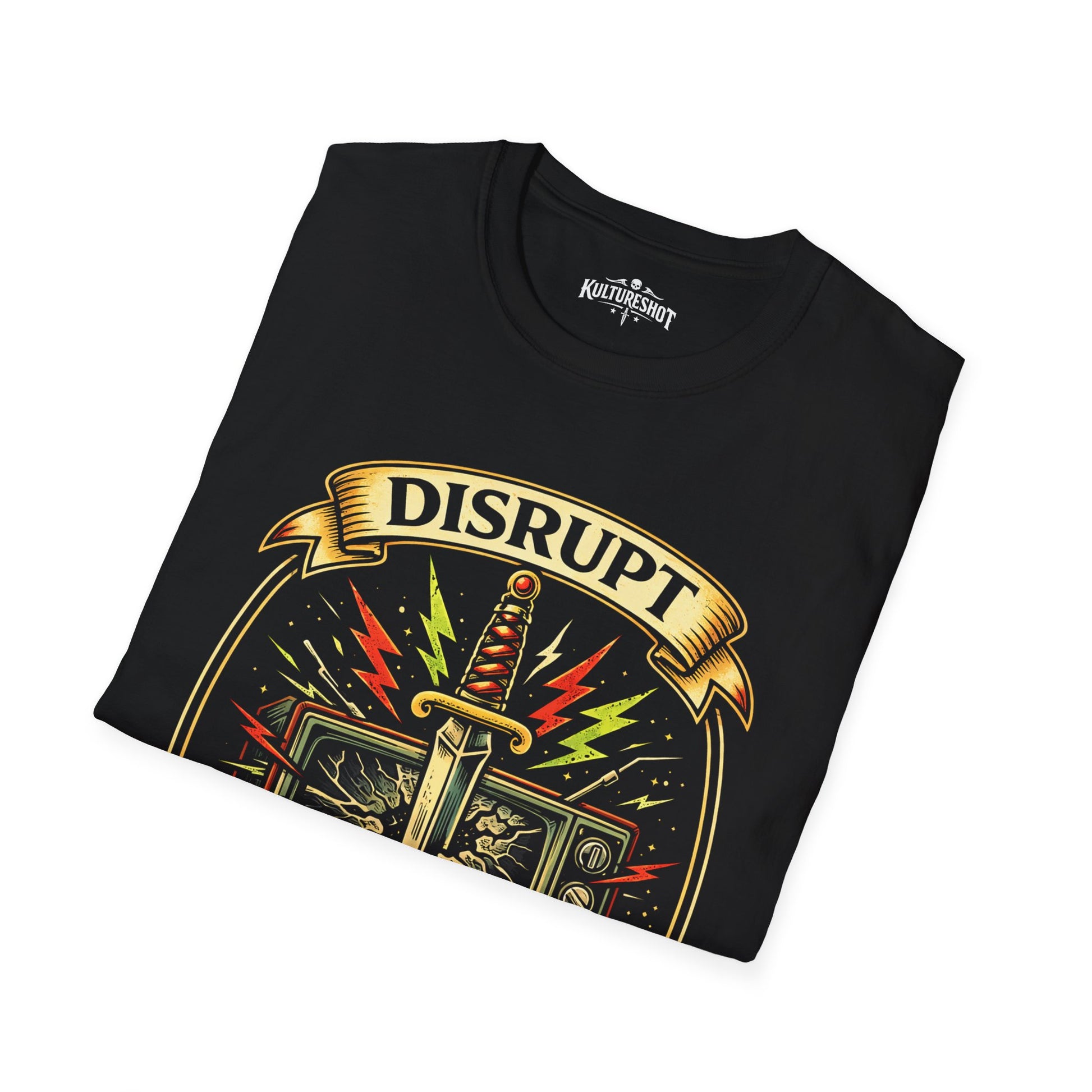 Black t-shirt with 'DISRUPT' design on a white background