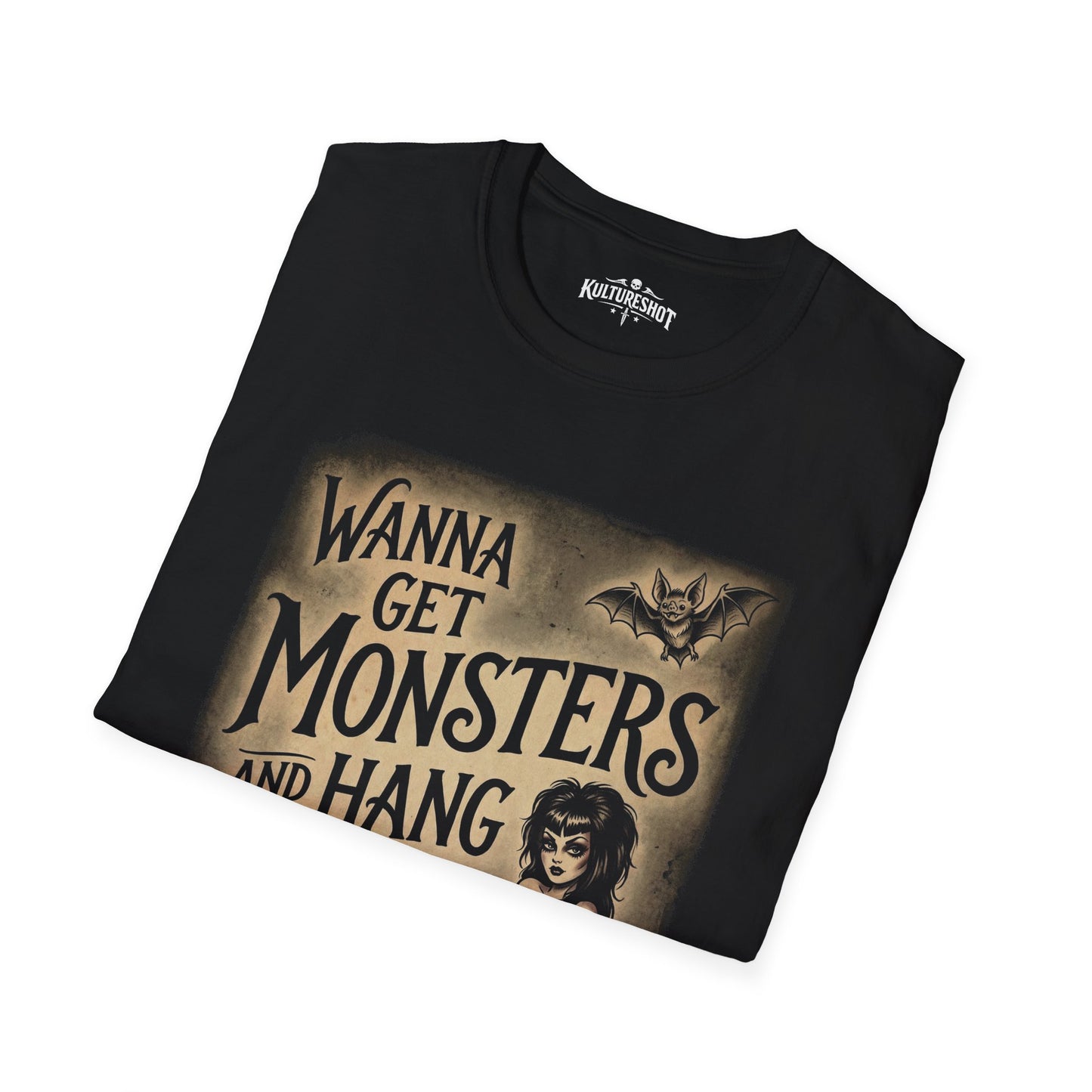 Black t-shirt with graphic design and text on a white background