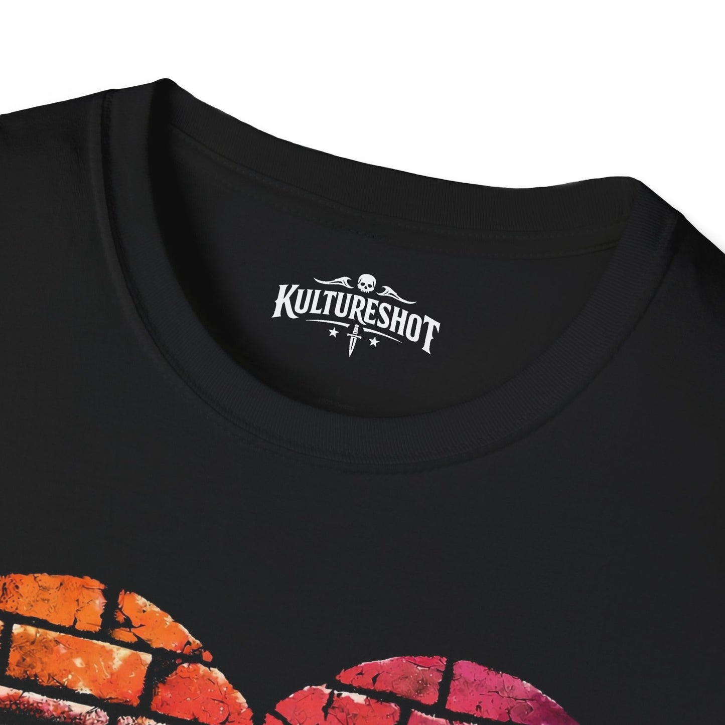 Black t-shirt with 'KultureShot' logo and graphic design on a white background