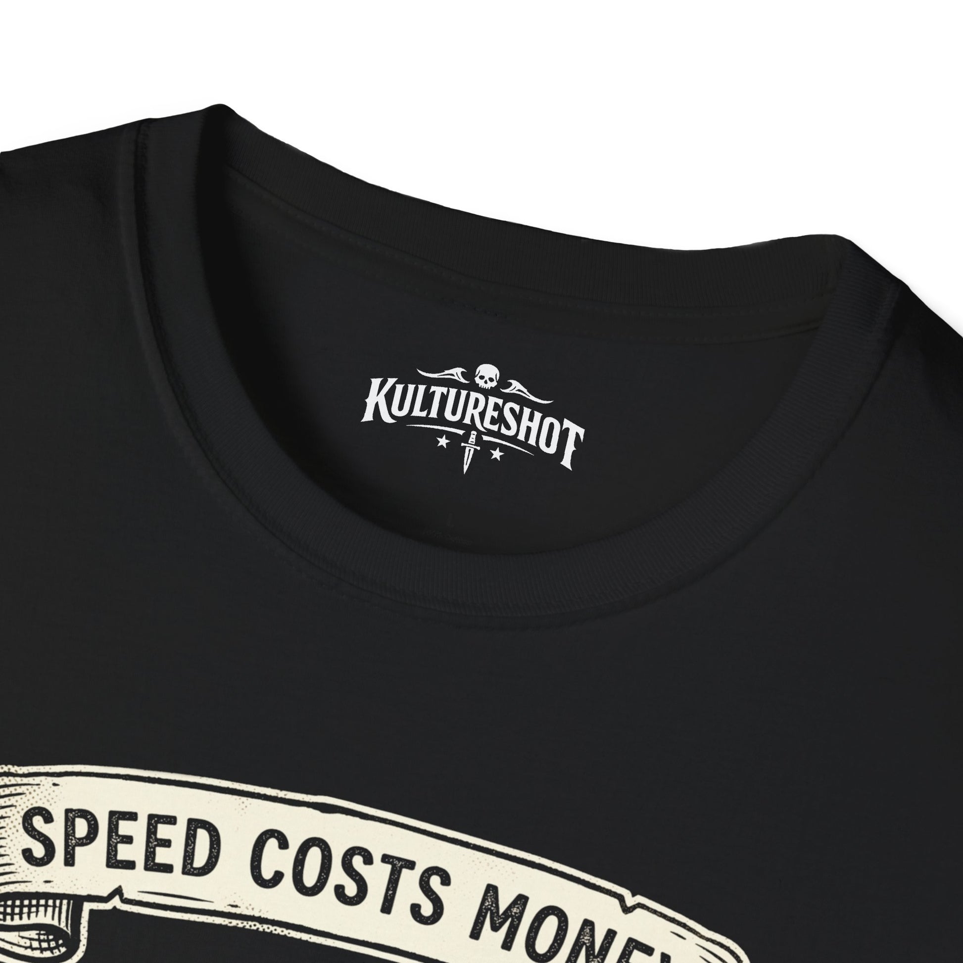 black t-shirt with kultureshot logo on a white background