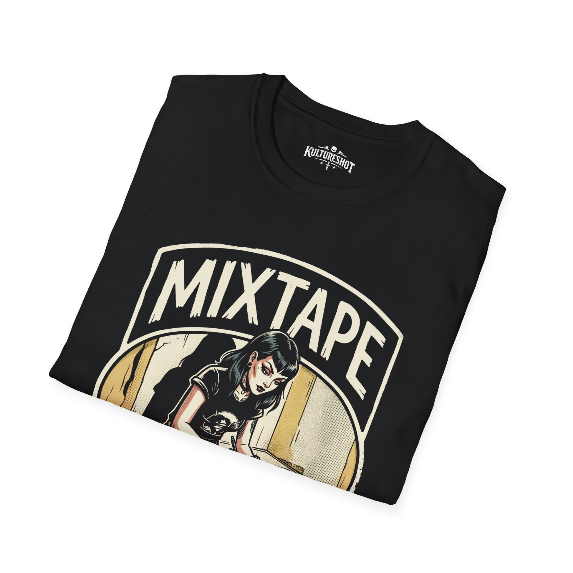 Black t-shirt with 'Mixtape' design on a white background