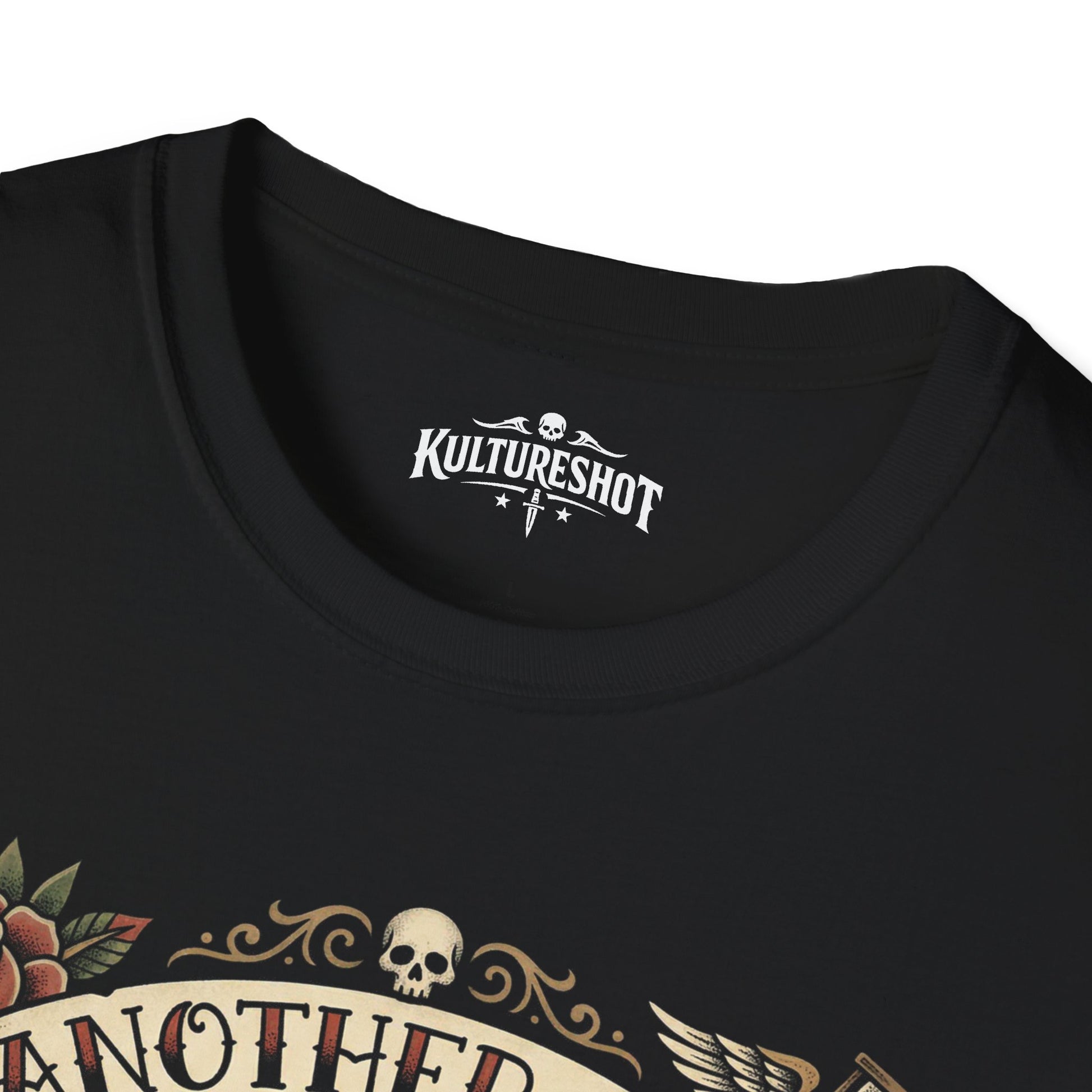 Black t-shirt with 'KultureShot' logo and decorative design on a white background