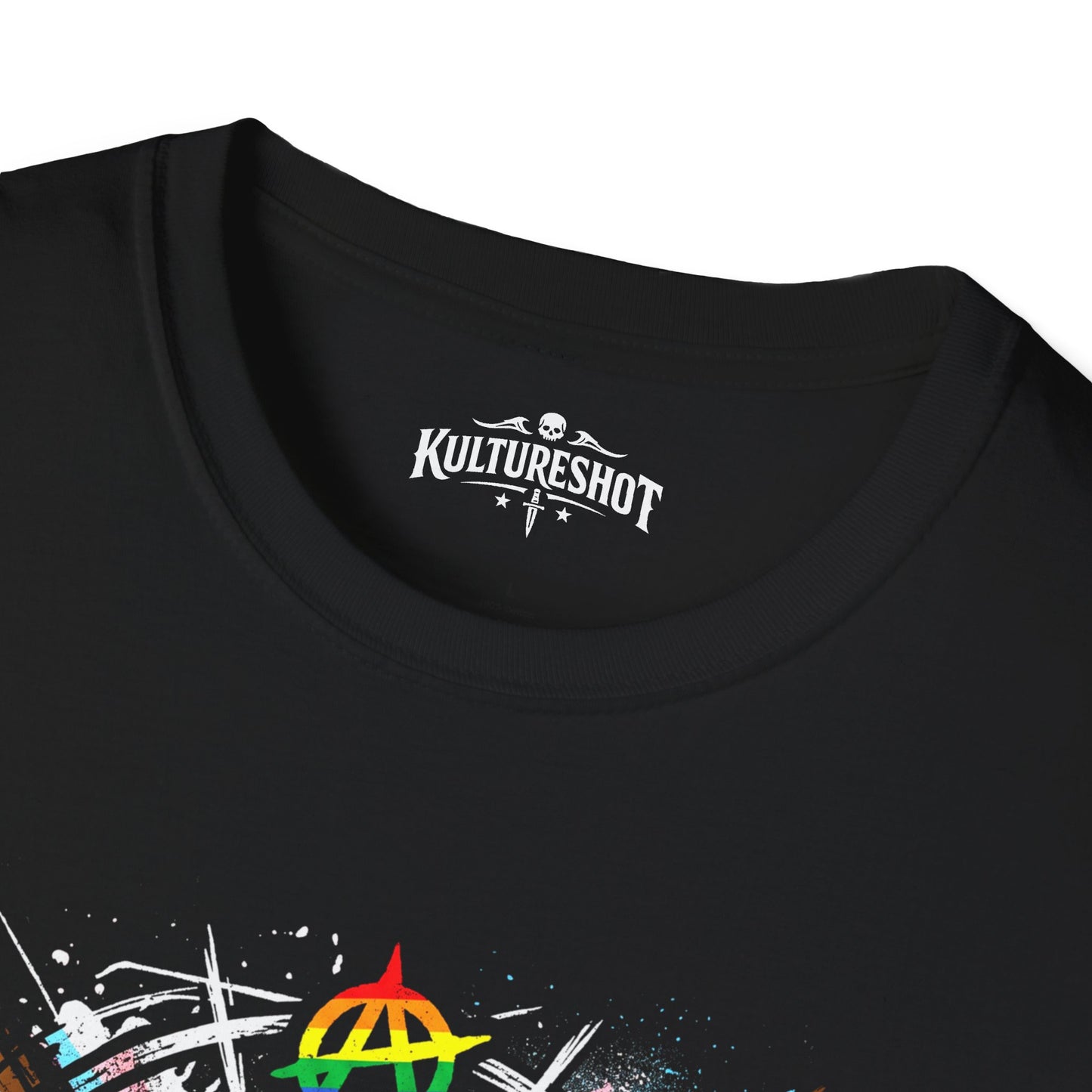 Black t-shirt with colorful design and 'KultureShot' logo on a white background