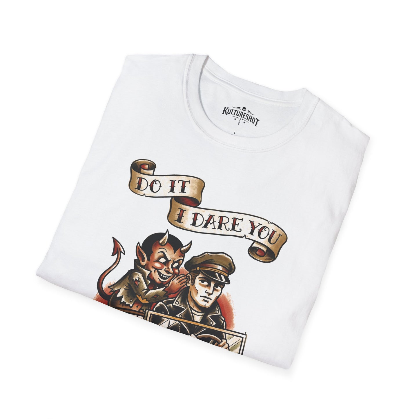 White t-shirt with graphic design and text 'Do it I dare you' on a white background
