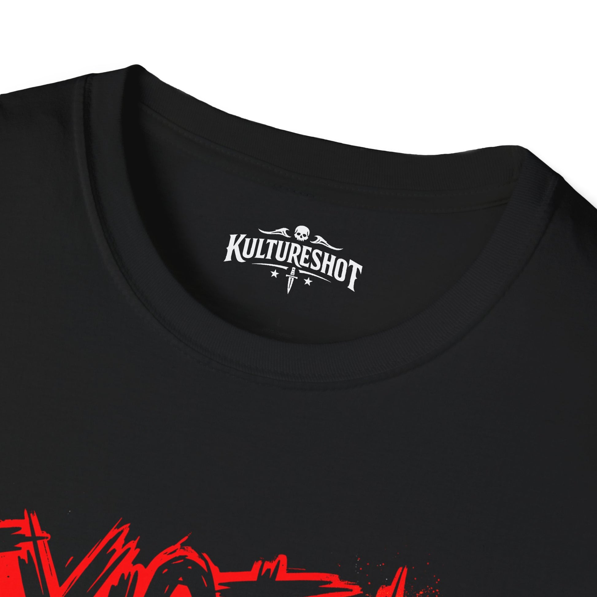 Black t-shirt with graphic design and 'KultureShot' logo on a white background