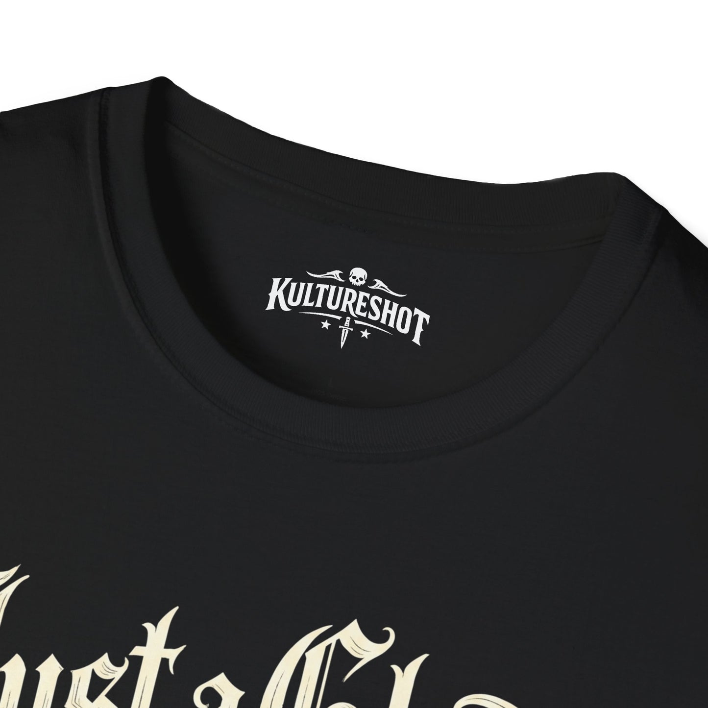 Black t-shirt with white text and 'KultureShot' logo on a white background