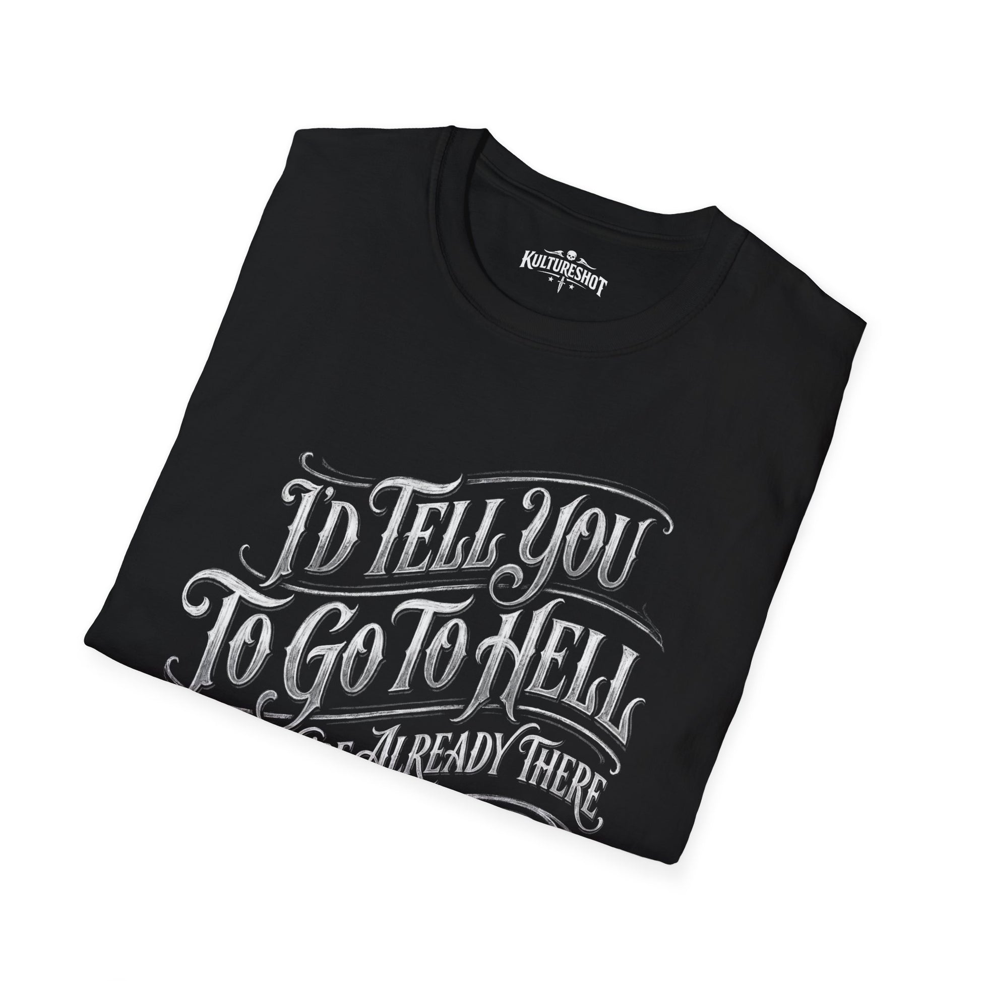 Black t-shirt with white text on a white background