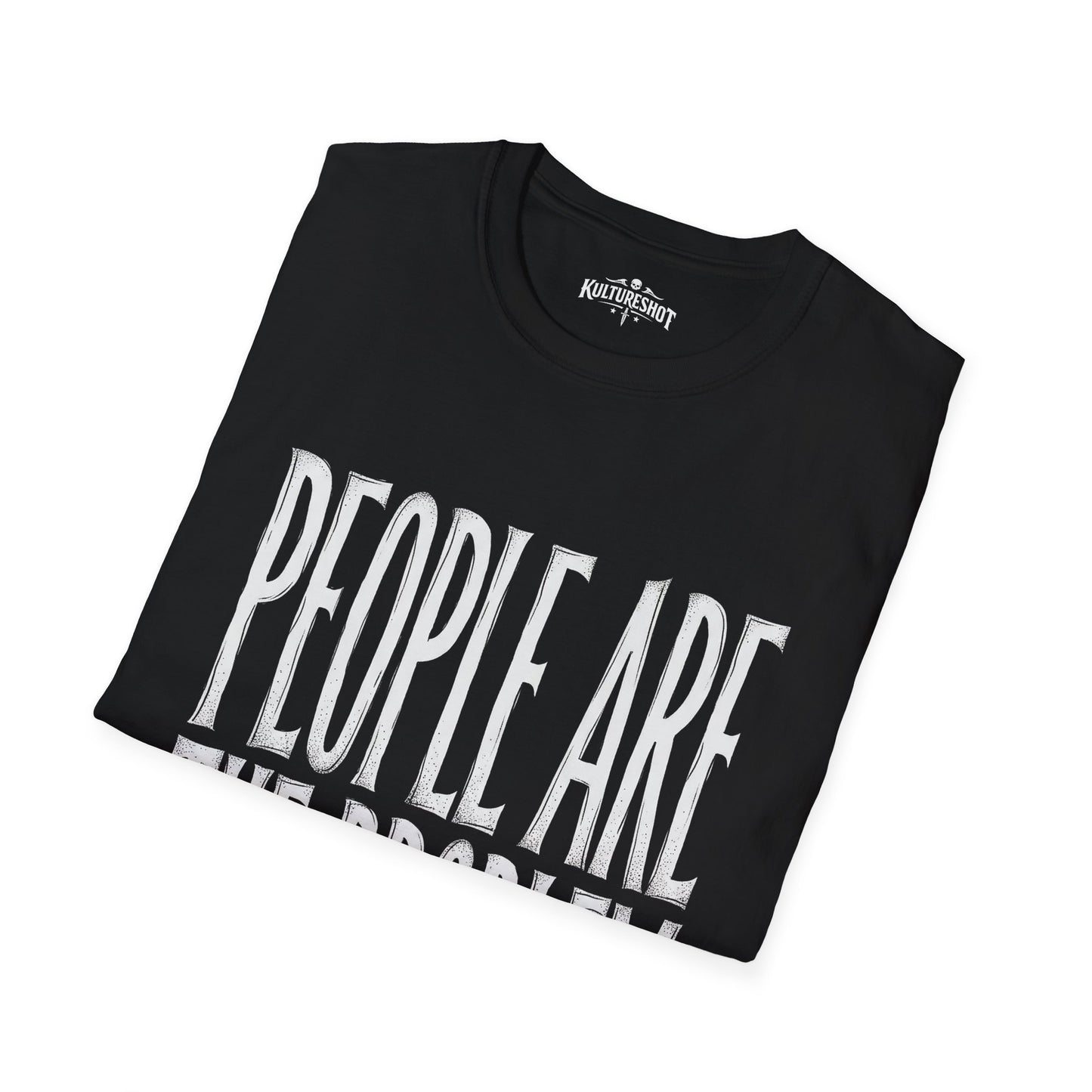 black t-shirt with kultureshot logo and graphic on a white background