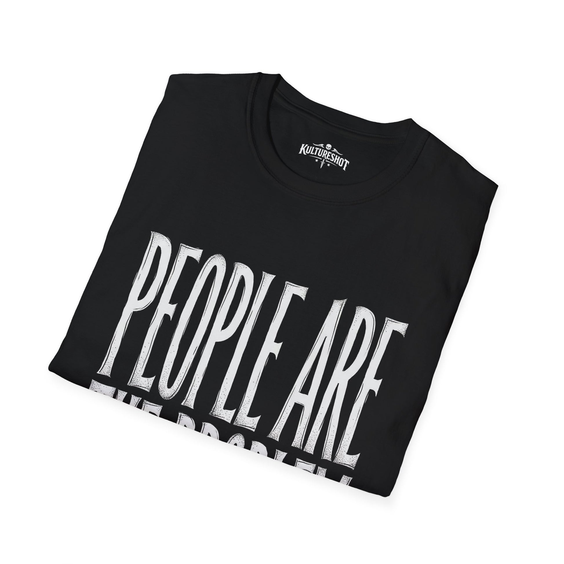 black t-shirt with kultureshot logo and graphic on a white background