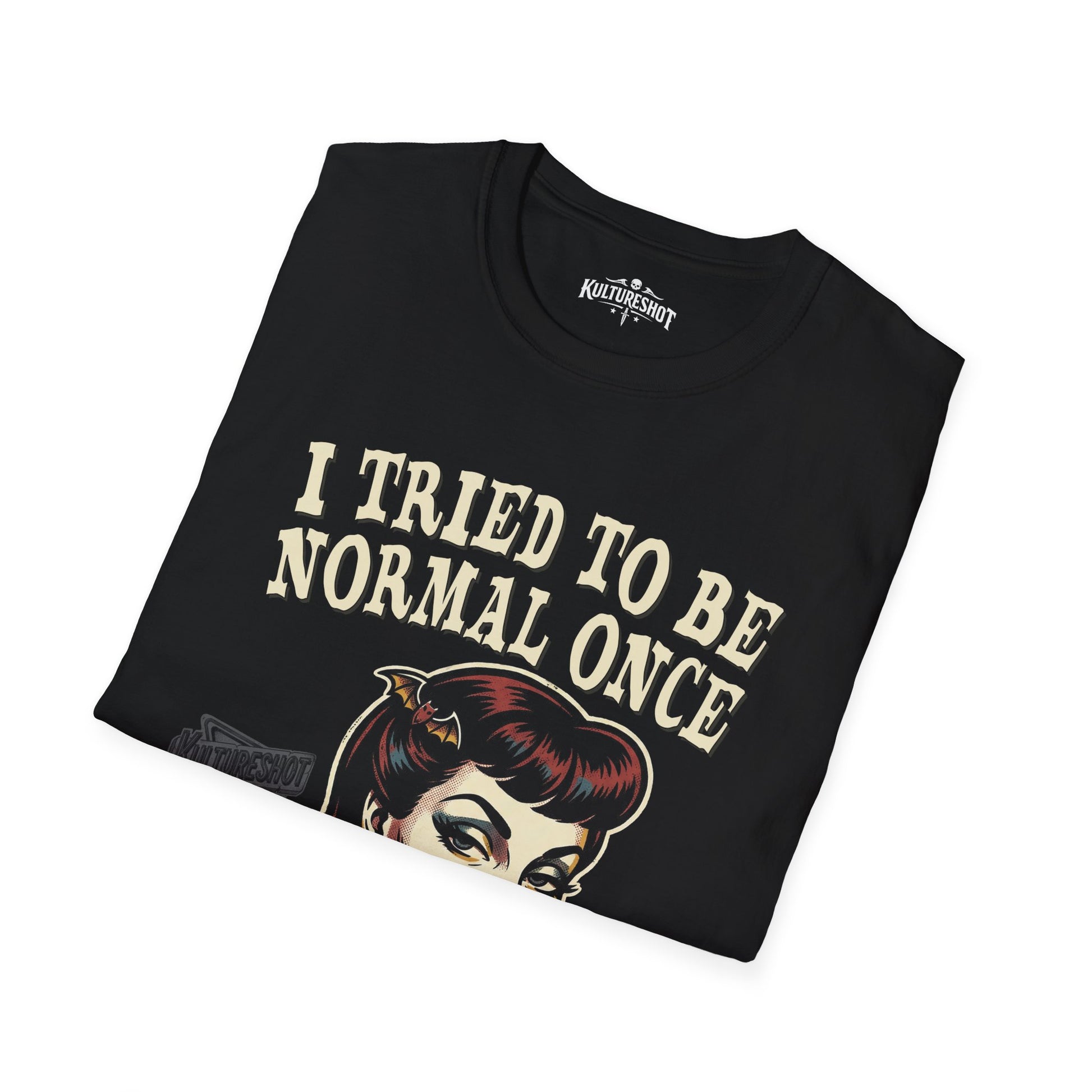 Black t-shirt with graphic design and text on a white background