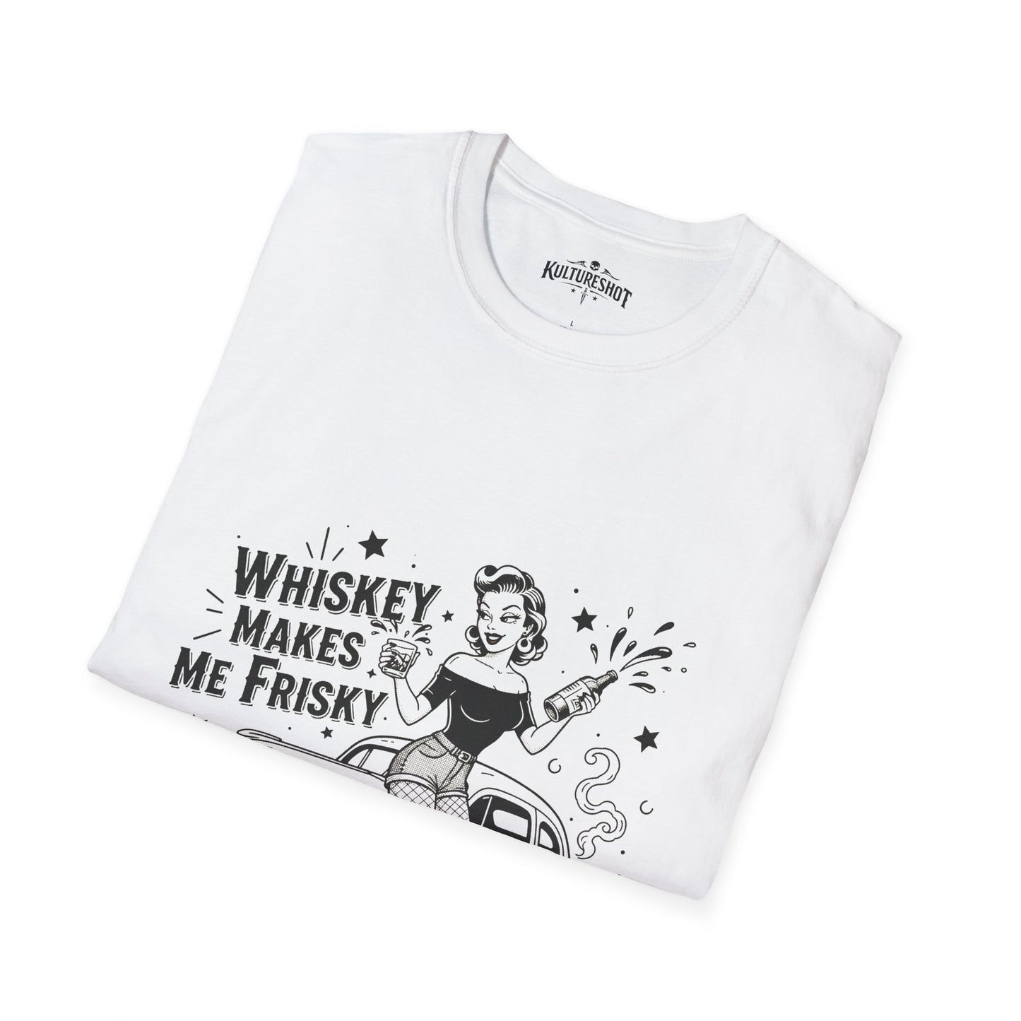 White t-shirt with black graphic design and text on a white background