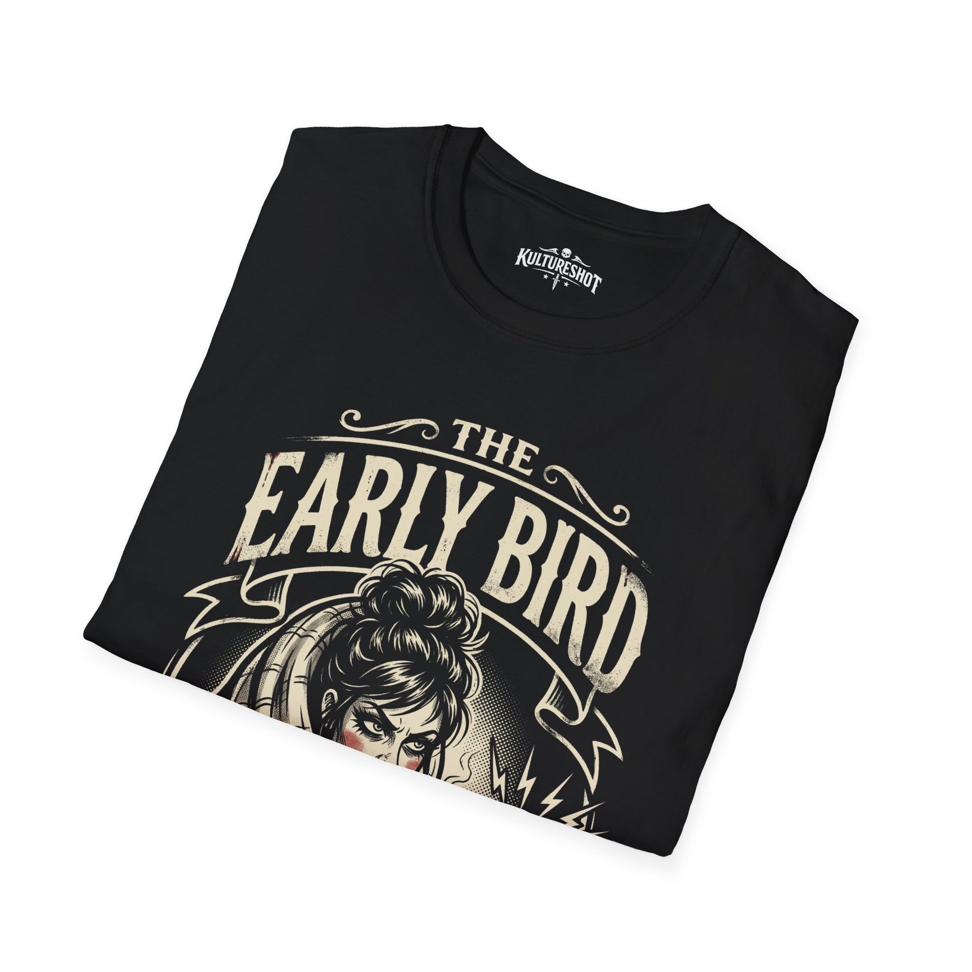 black t-shirt mockup reading the early bird can have it.