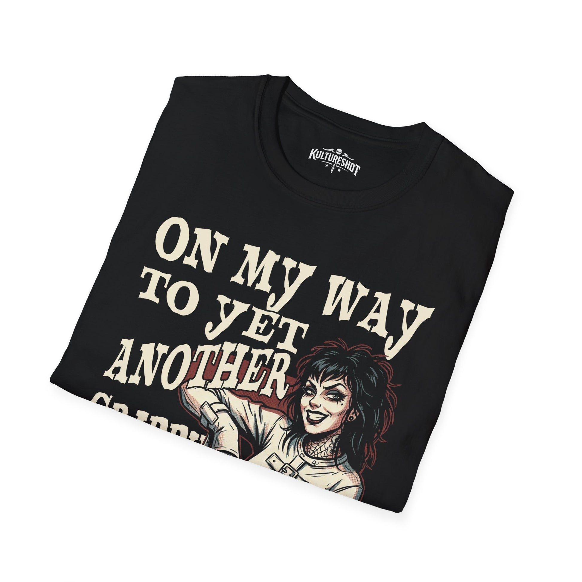 Black t-shirt with graphic design and text on a white background