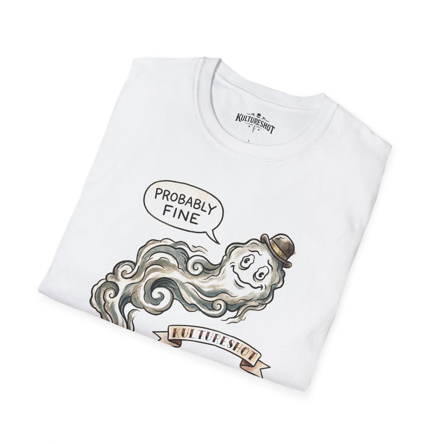White t-shirt with a graphic of a cloud and text 'Probably Fine' on a white background