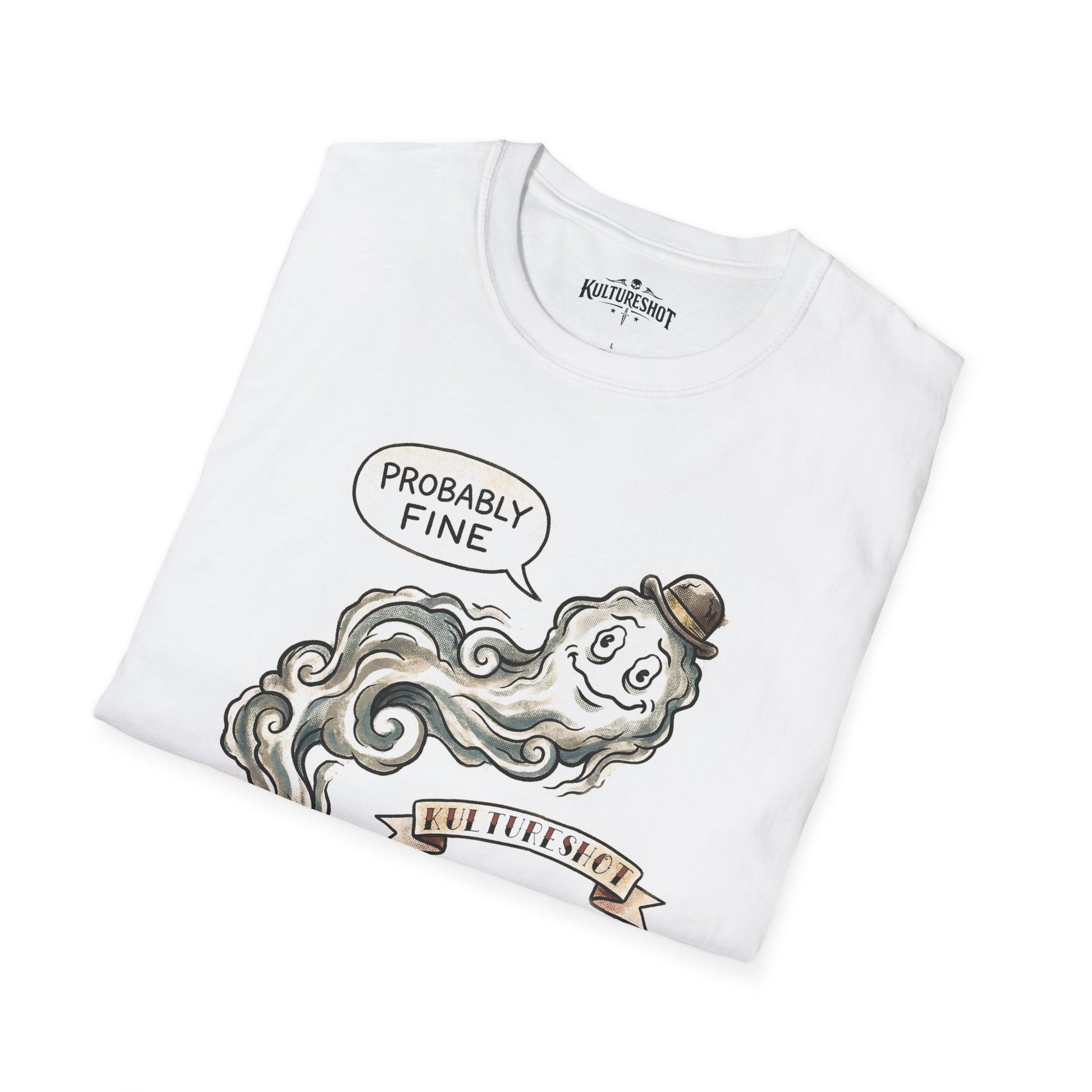 White t-shirt with a graphic of a cloud and text 'Probably Fine' on a white background