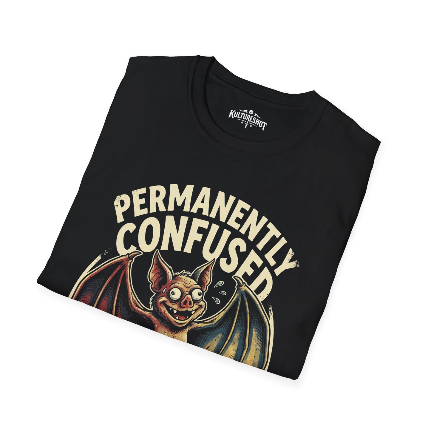 Black t-shirt with 'PERMANENTLY CONFUSED' text and bat graphic on a white background