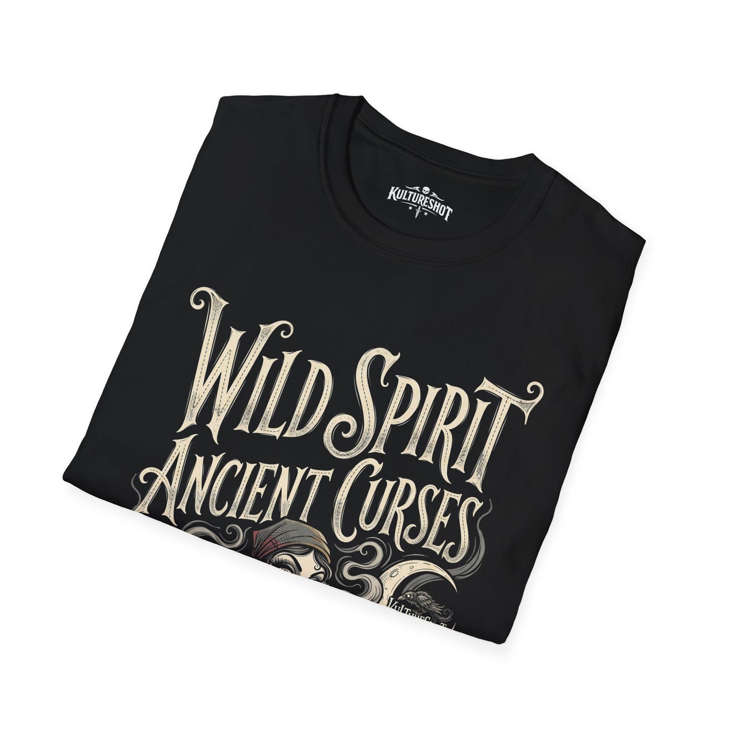 Black t-shirt with 'Wild Spirit Ancient Curses' text on a white background