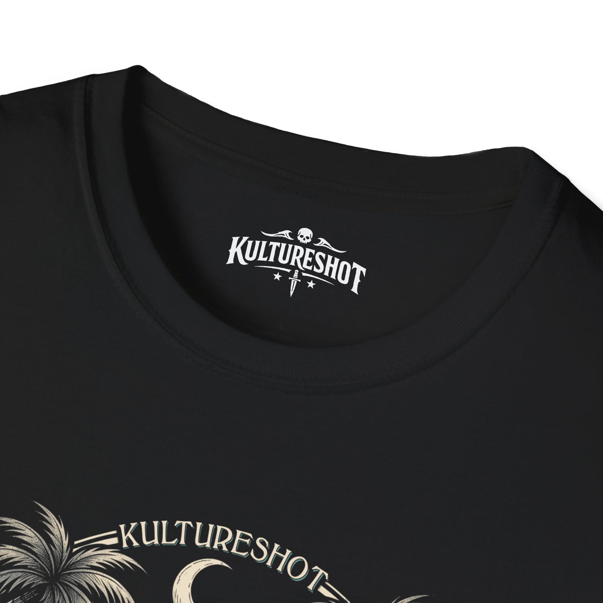Black t-shirt with 'KultureShot' logo and design on a white background