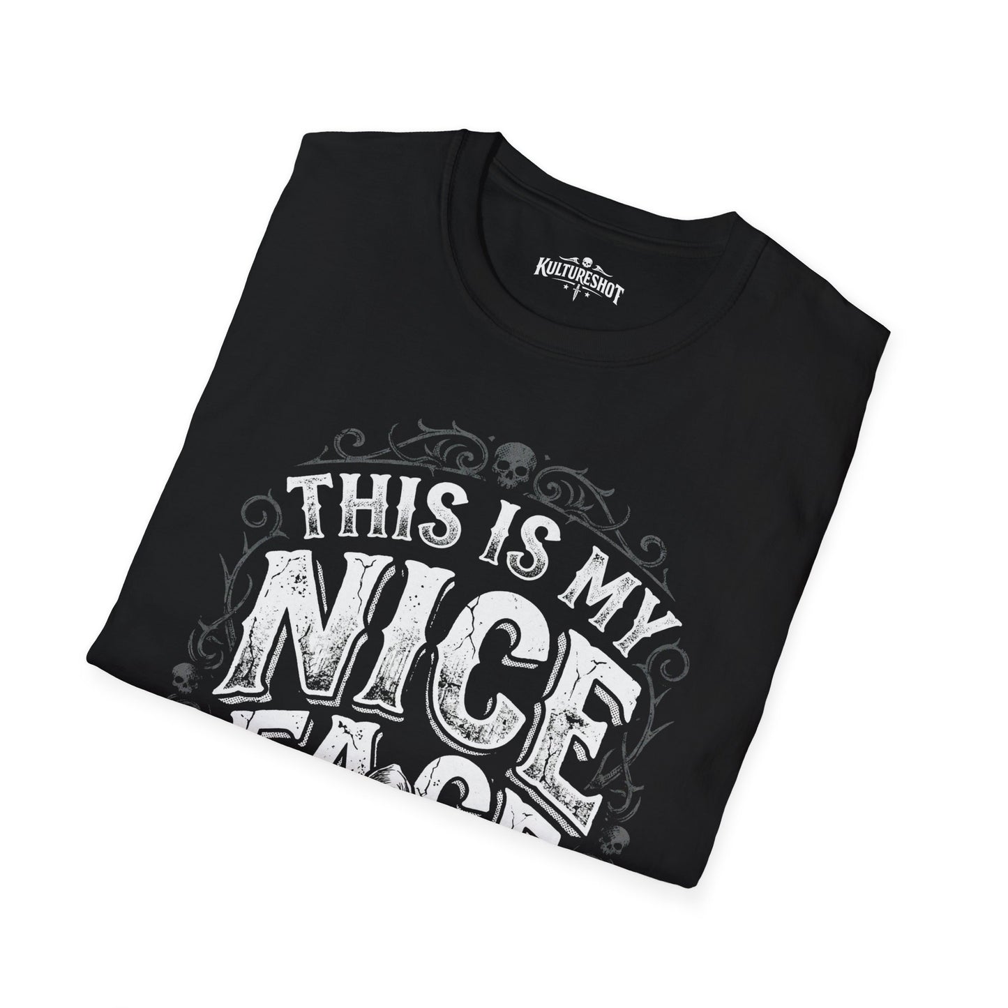 Black t-shirt with 'Kultureshot' graphic design on a white background