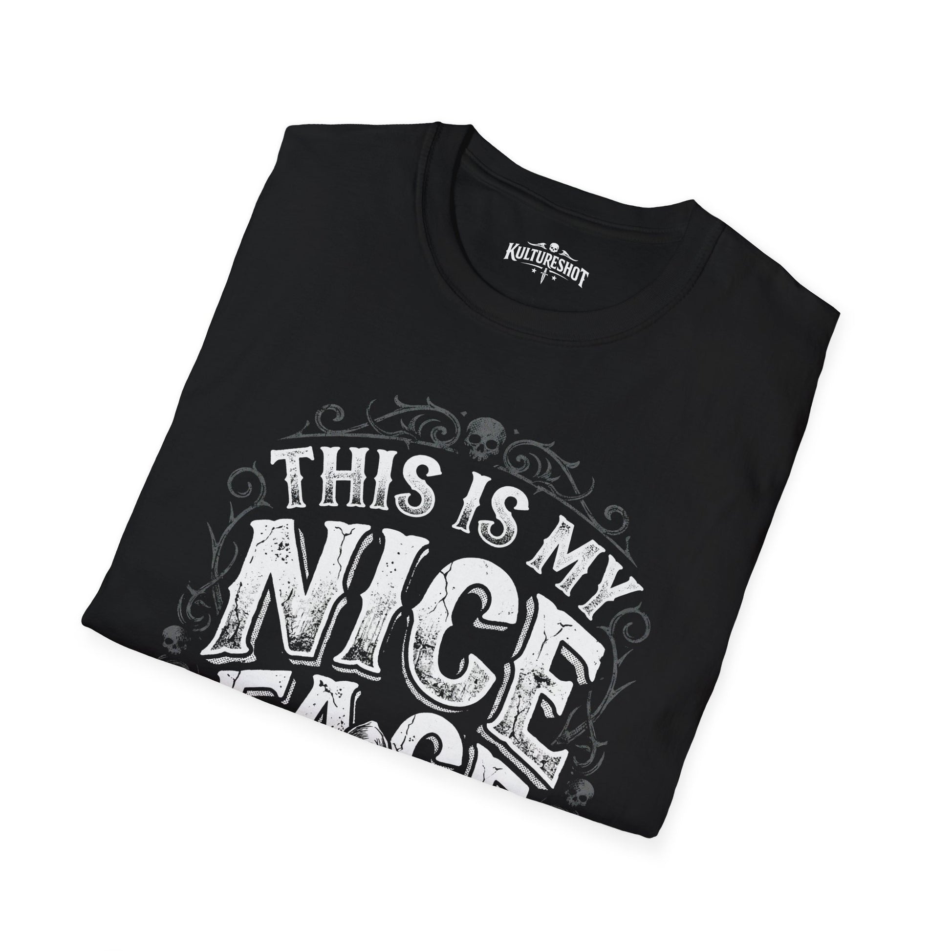 Black t-shirt with 'Kultureshot' graphic design on a white background