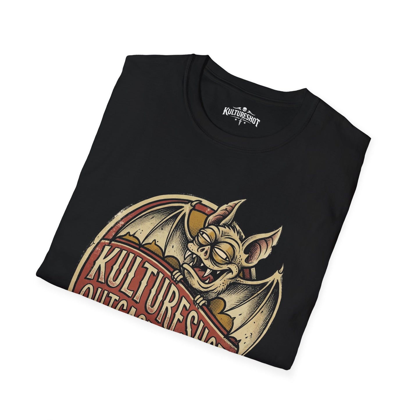 Black t-shirt with a graphic design of a demon-like creature and 'Kultureshot' text on a white background