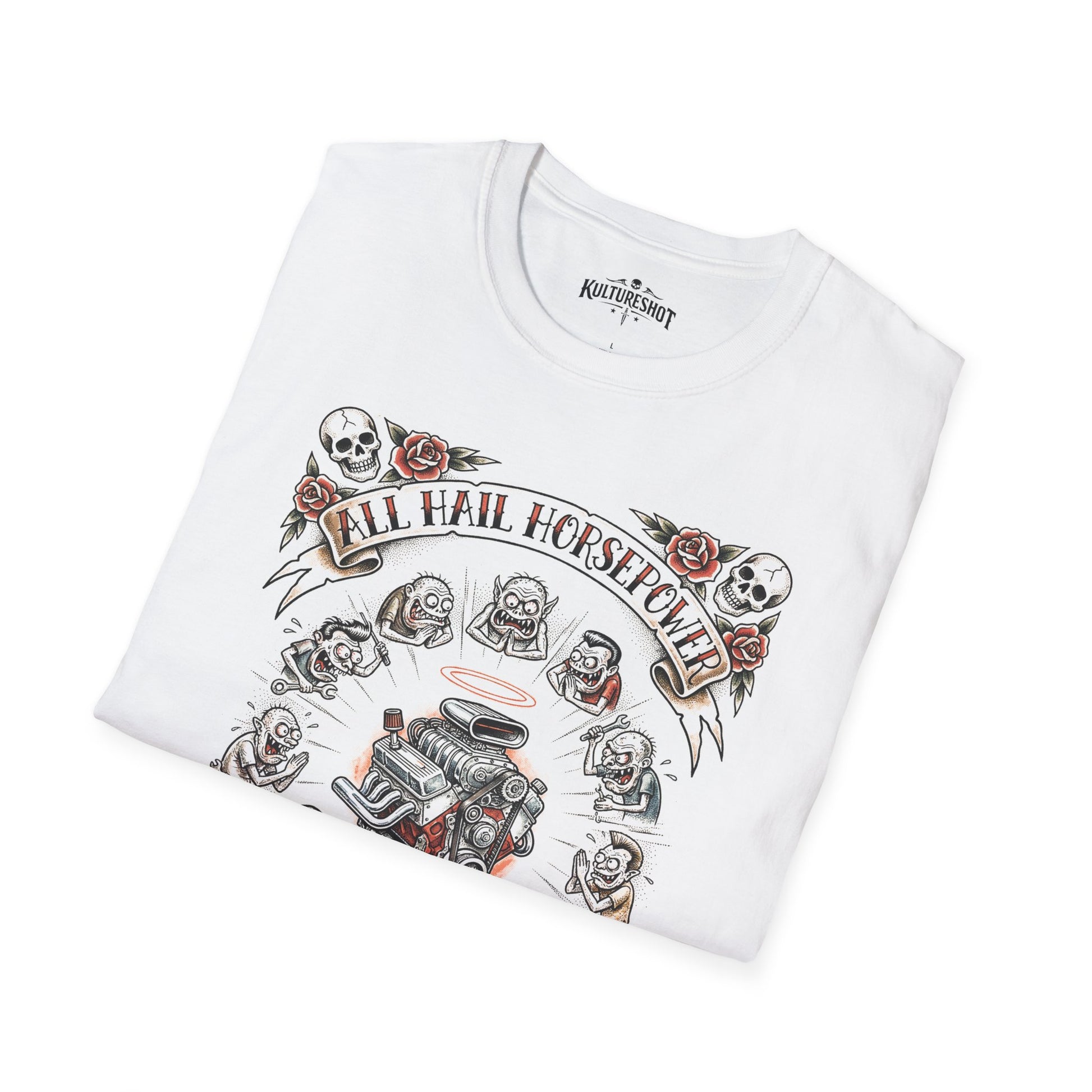White t-shirt with graphic design and text 'All Hail Horsepower' on a white background