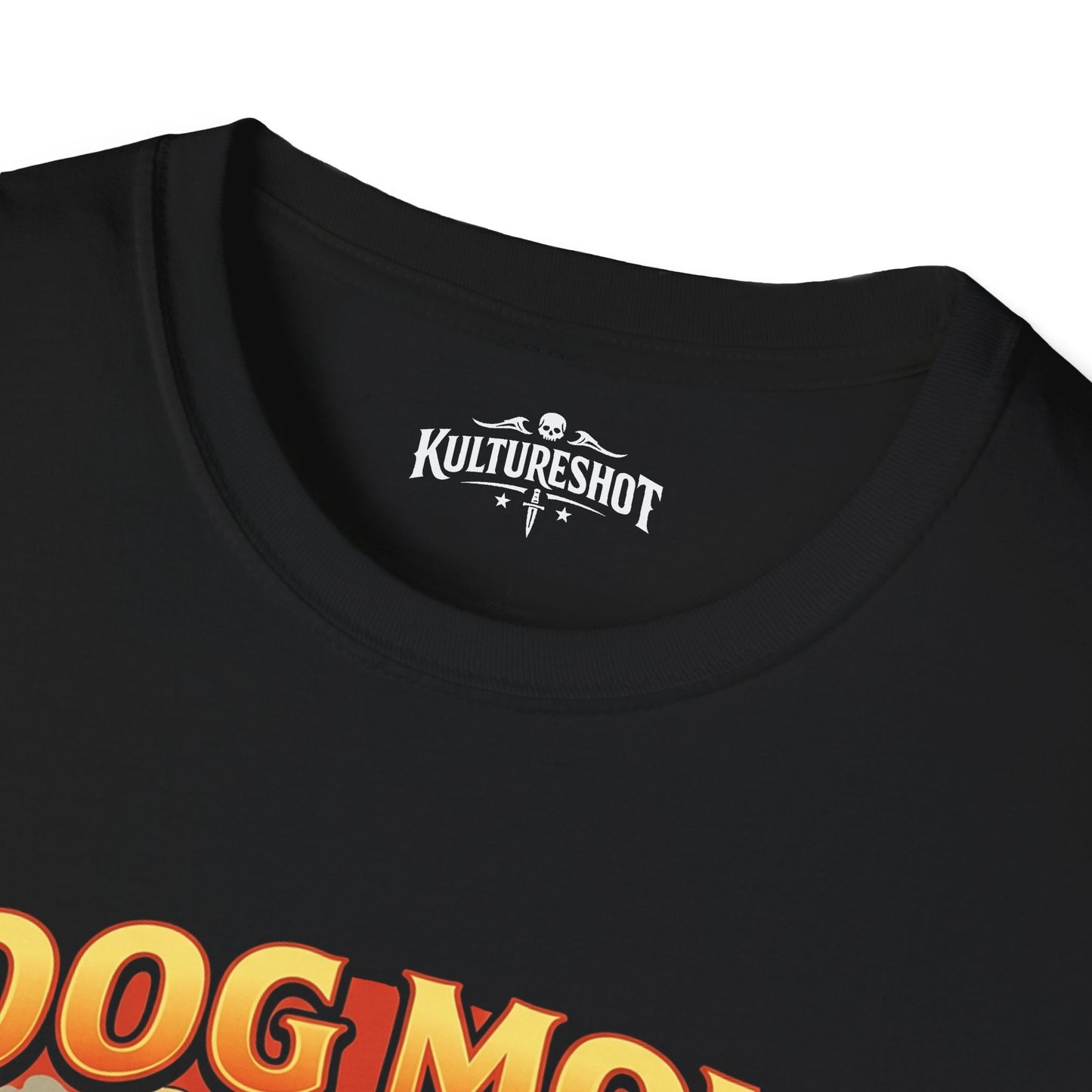 Black t-shirt with 'KultureShot' logo on the collar and 'Dog Mom' text below.