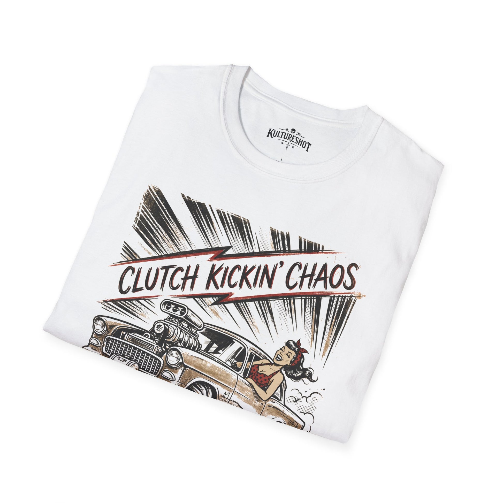 White t-shirt with graphic design and text 'Clutch Kickin' Chaos' on a white background