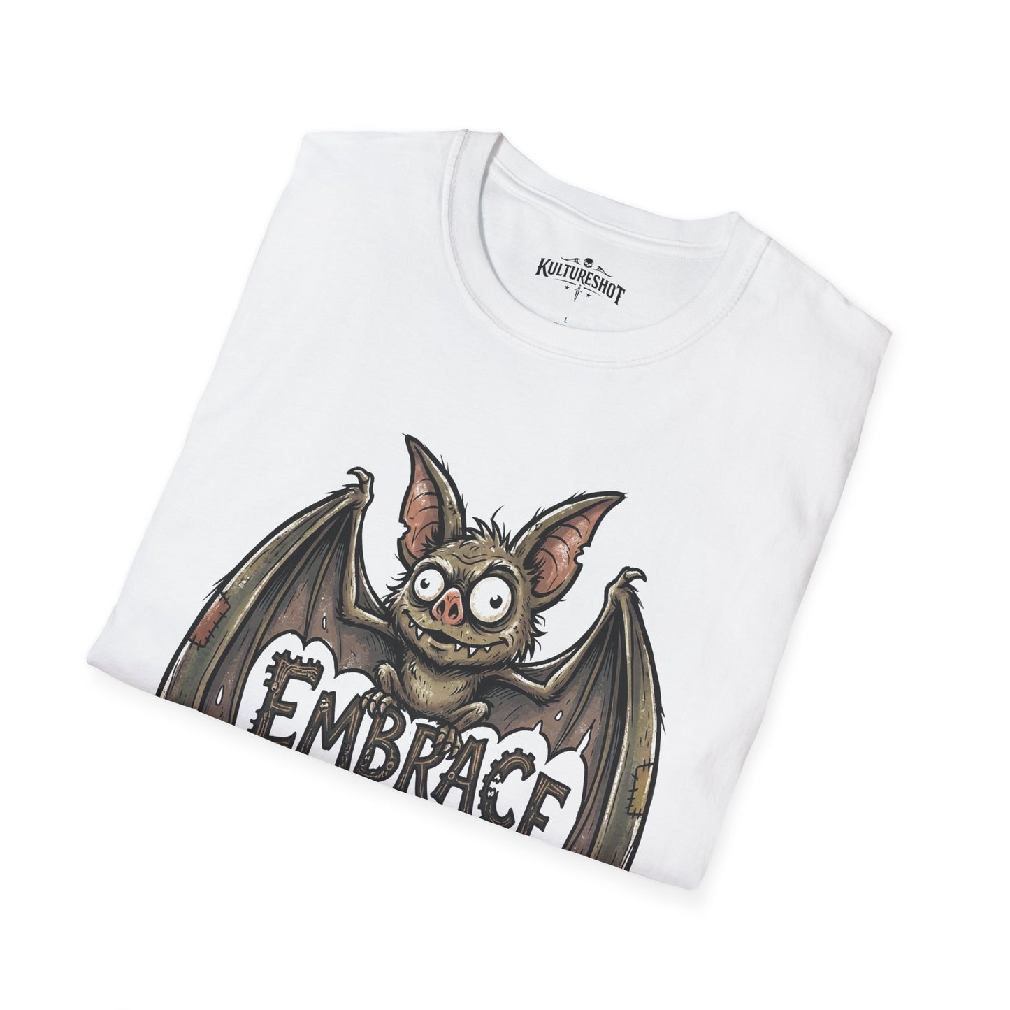 White t-shirt with a bat graphic and 'Embrace' text on a white background
