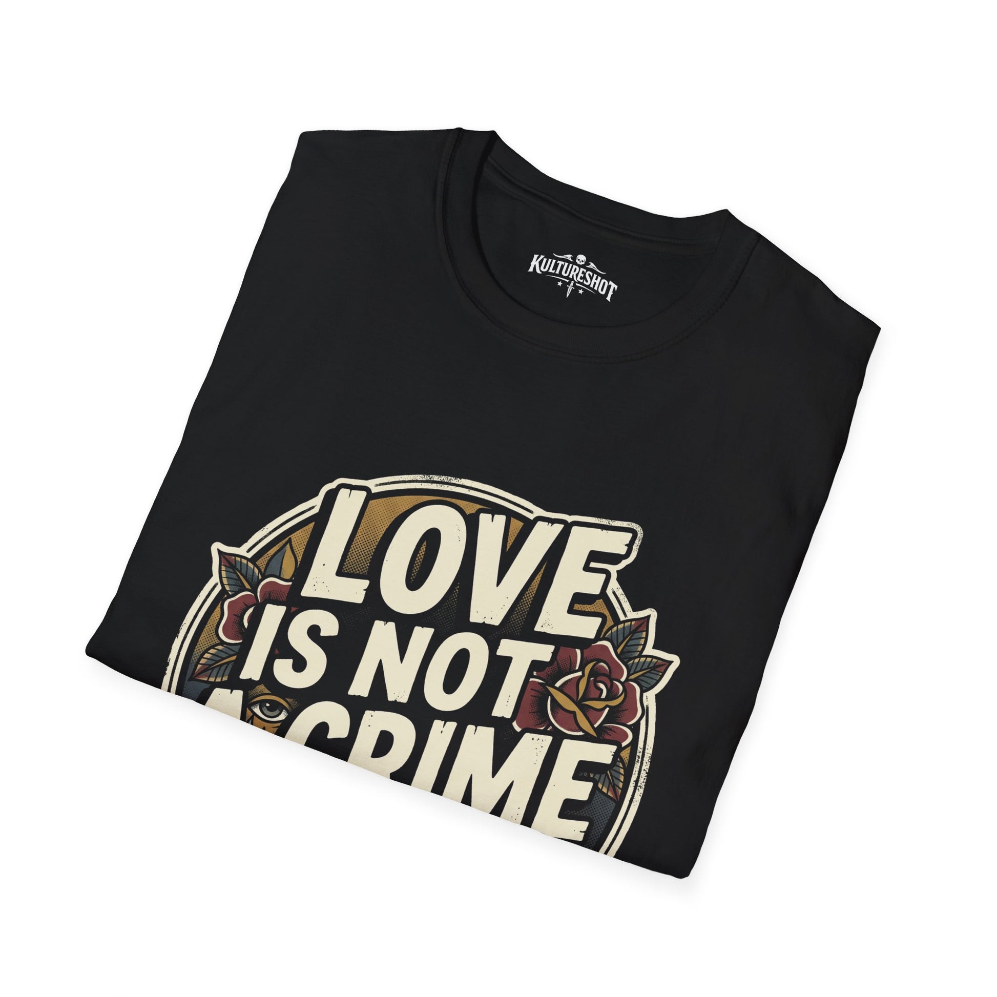 Black t-shirt with 'Love is Not a Crime' graphic design on a white background