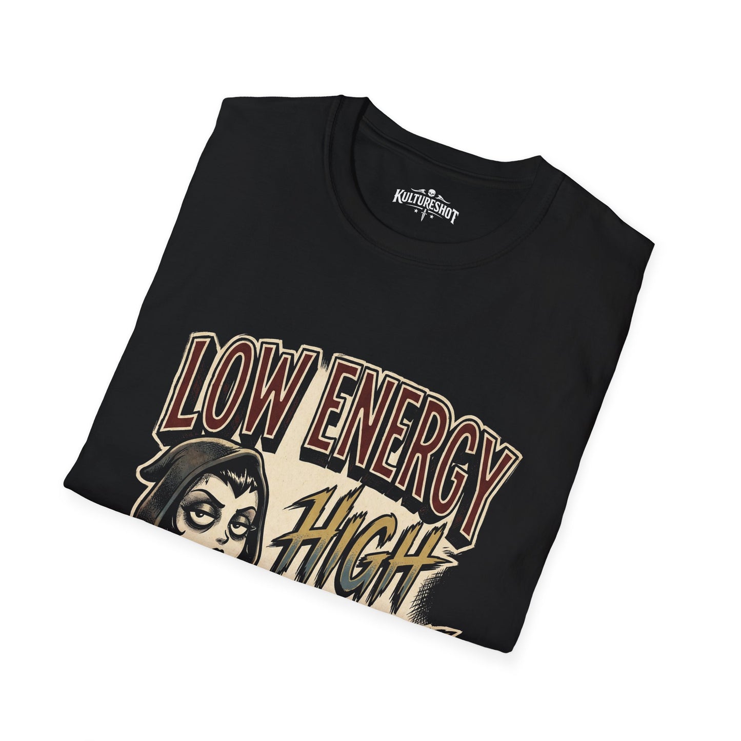 Black t-shirt with graphic design and text on a white background