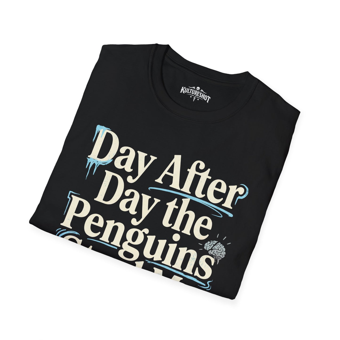Black t-shirt with 'Day After Day The Penguins Steal My Sanity' graphic design on a white background