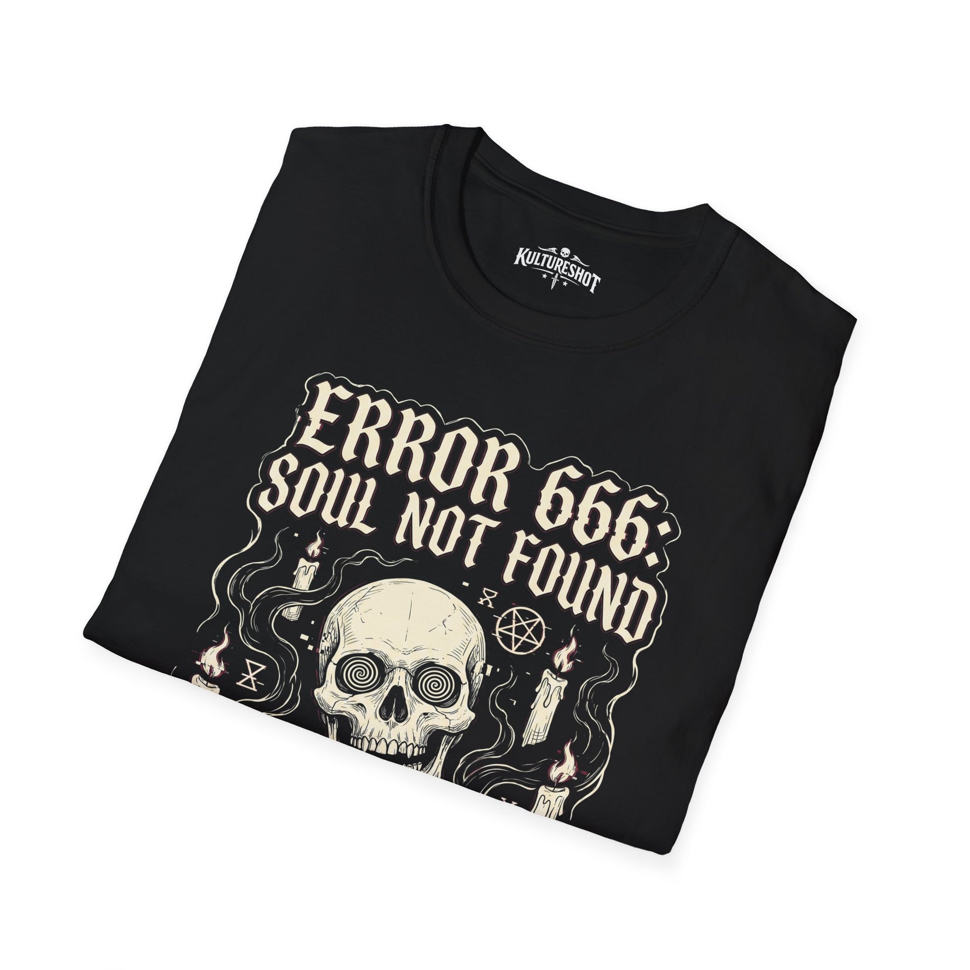 Black t-shirt with a skull and text design on a white background
