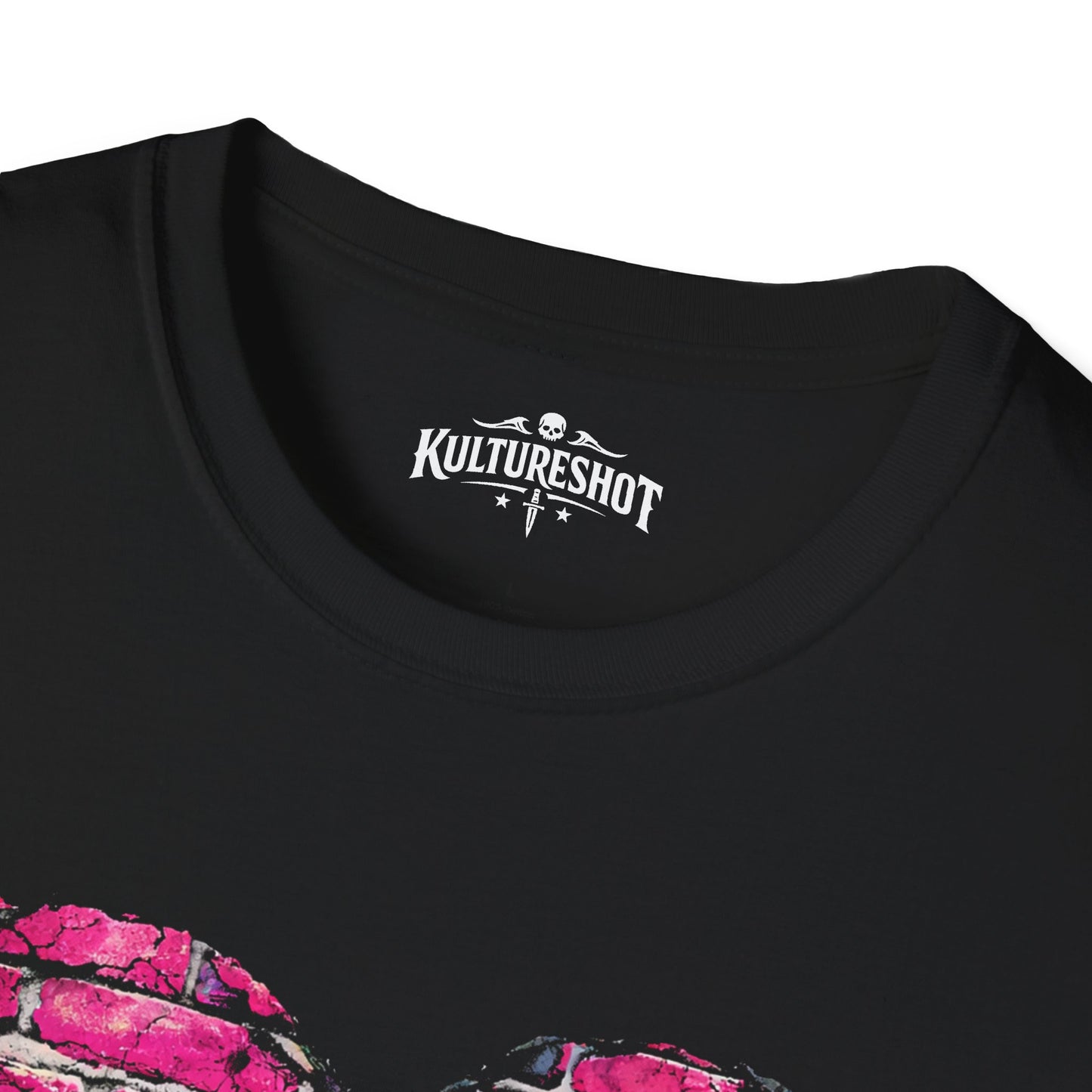 Black t-shirt with pink graphic design and 'KultureShot' logo on a white background