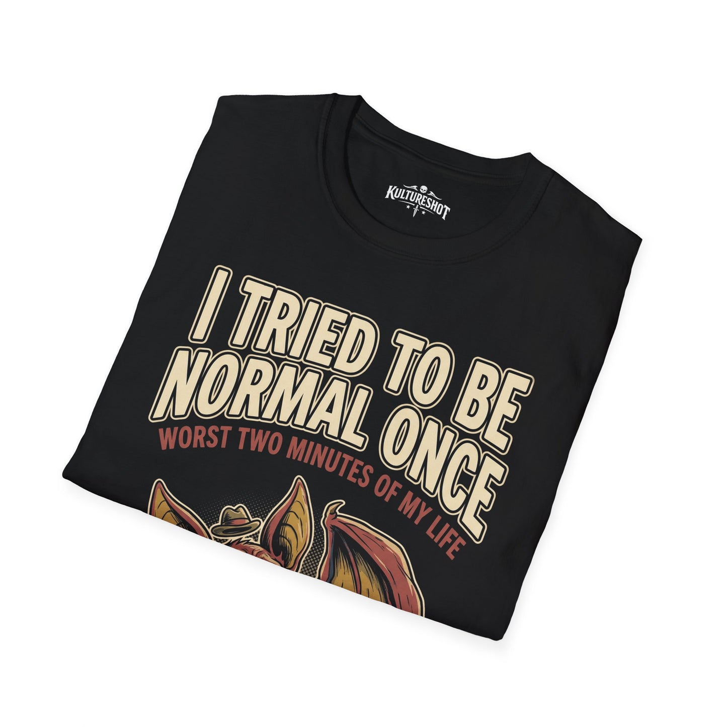Black t-shirt with humorous text design on a white background