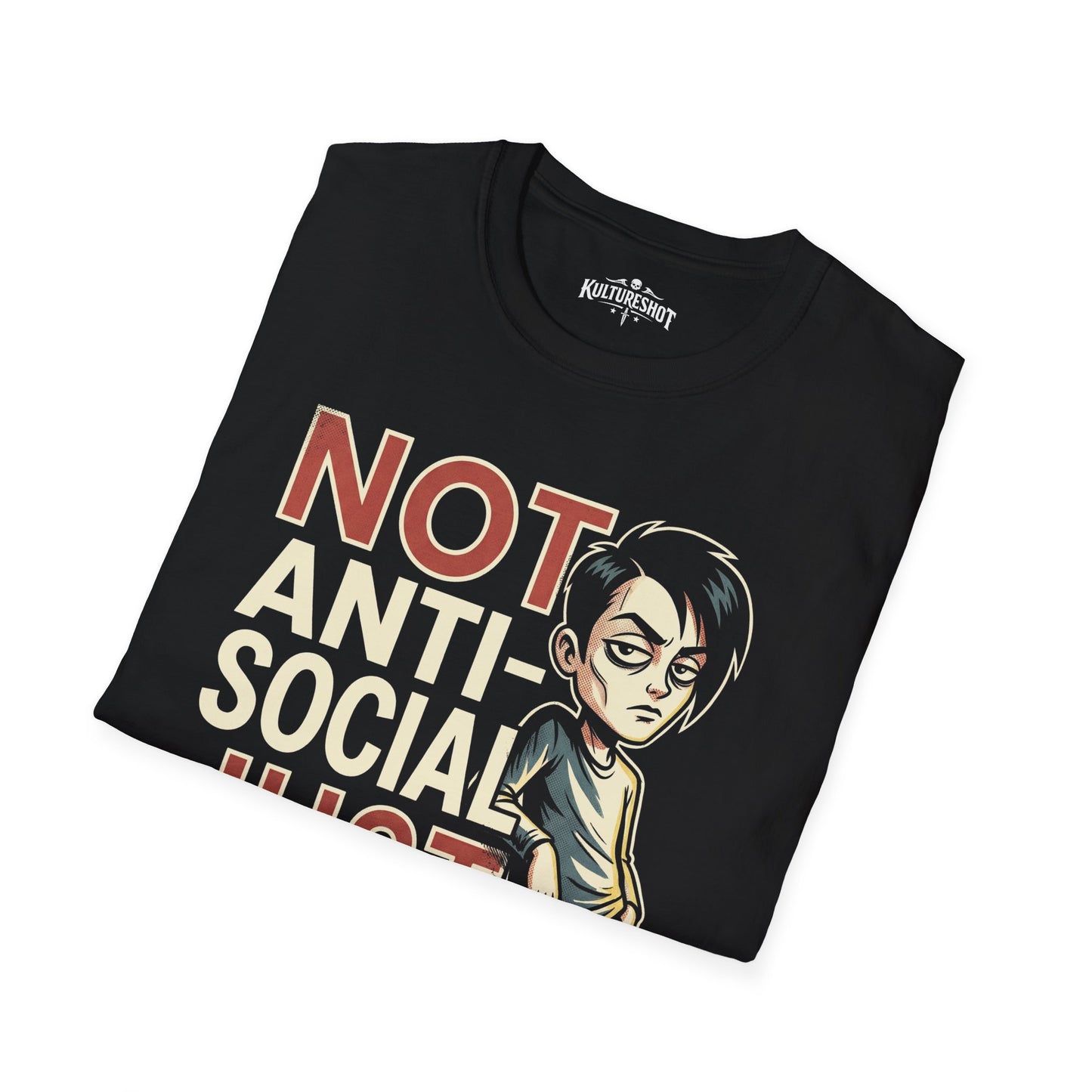 Black t-shirt with a graphic of a boy and text 'NOT ANTI-SOCIAL' on a white background
