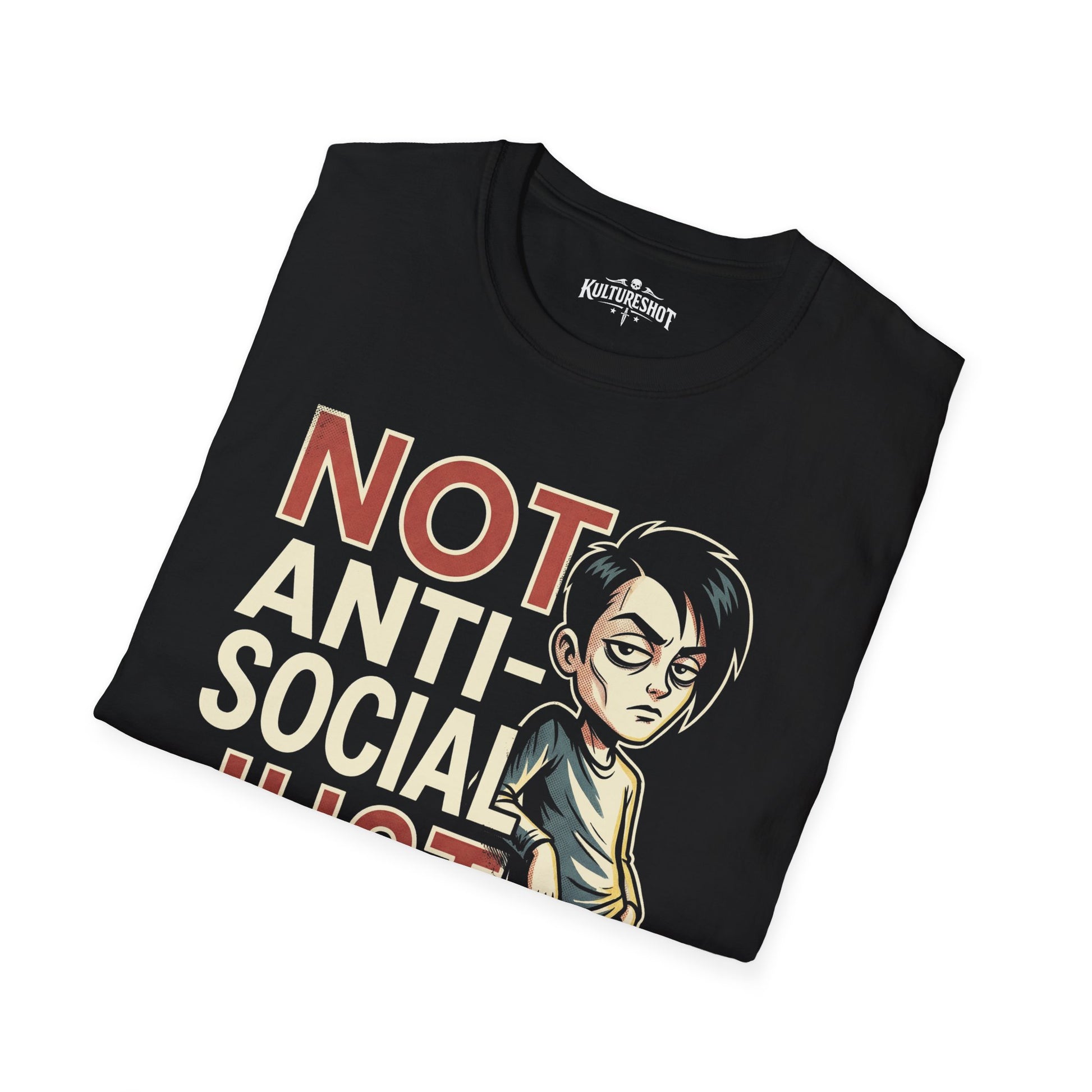 Black t-shirt with a graphic of a boy and text 'NOT ANTI-SOCIAL' on a white background