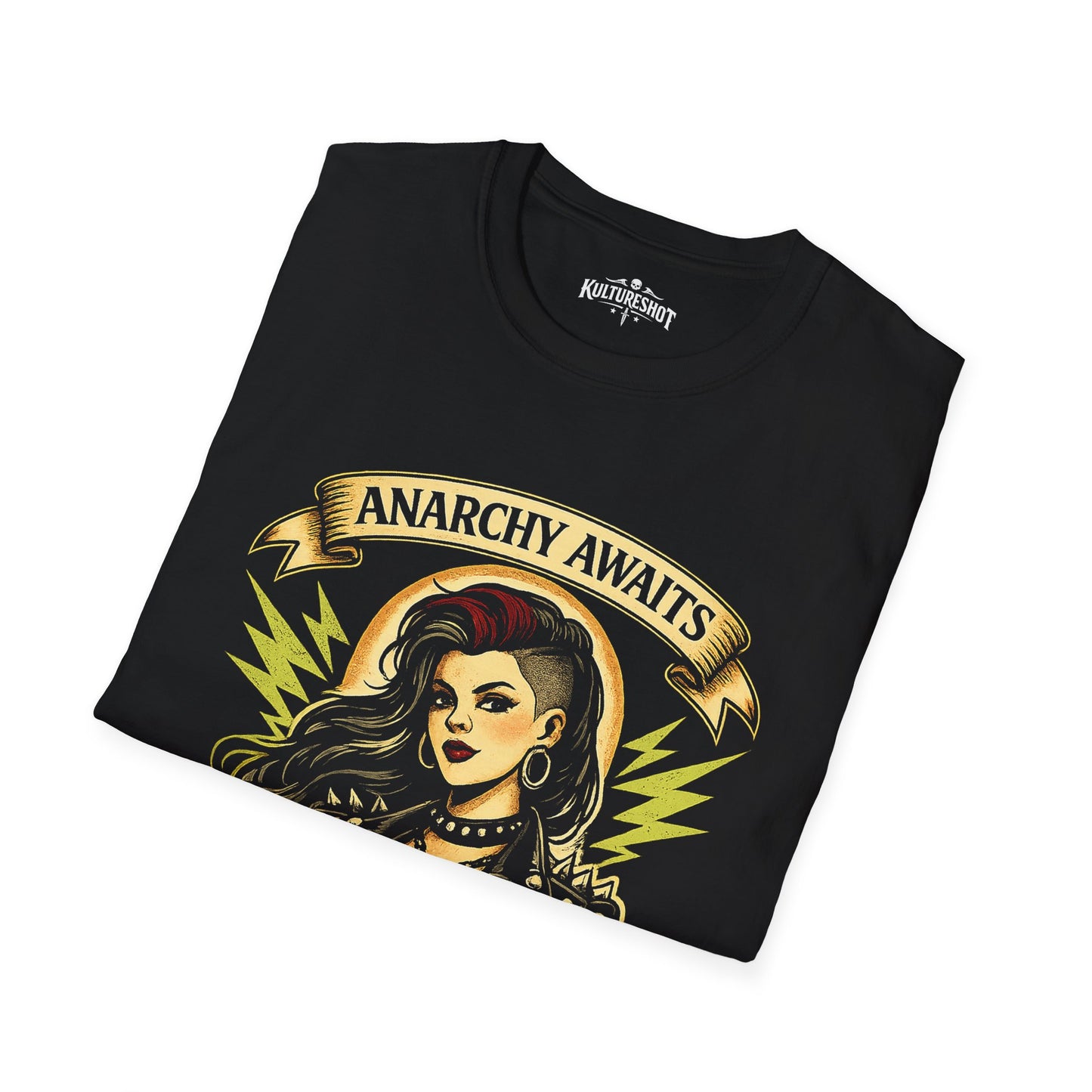 Black t-shirt with 'Anarchy Awaits' graphic design on a white background
