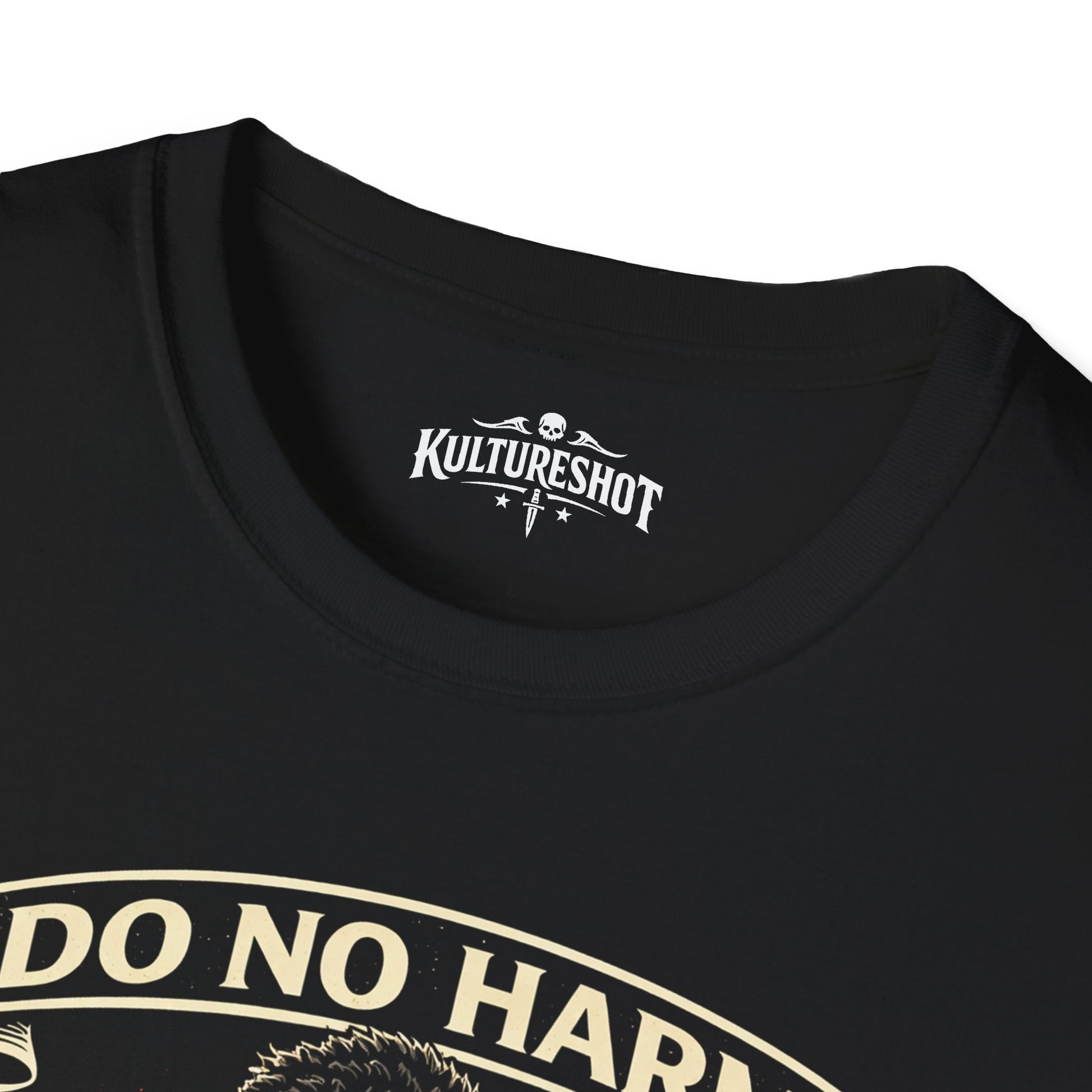 Black t-shirt with 'Do No Harm' text and KultureShot logo