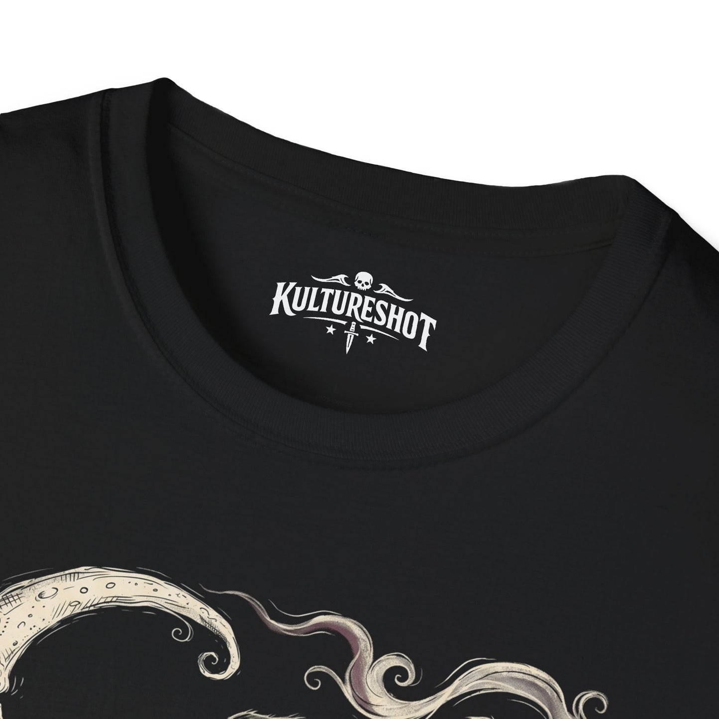 Black t-shirt with 'KultureShot' logo and decorative design on a white background