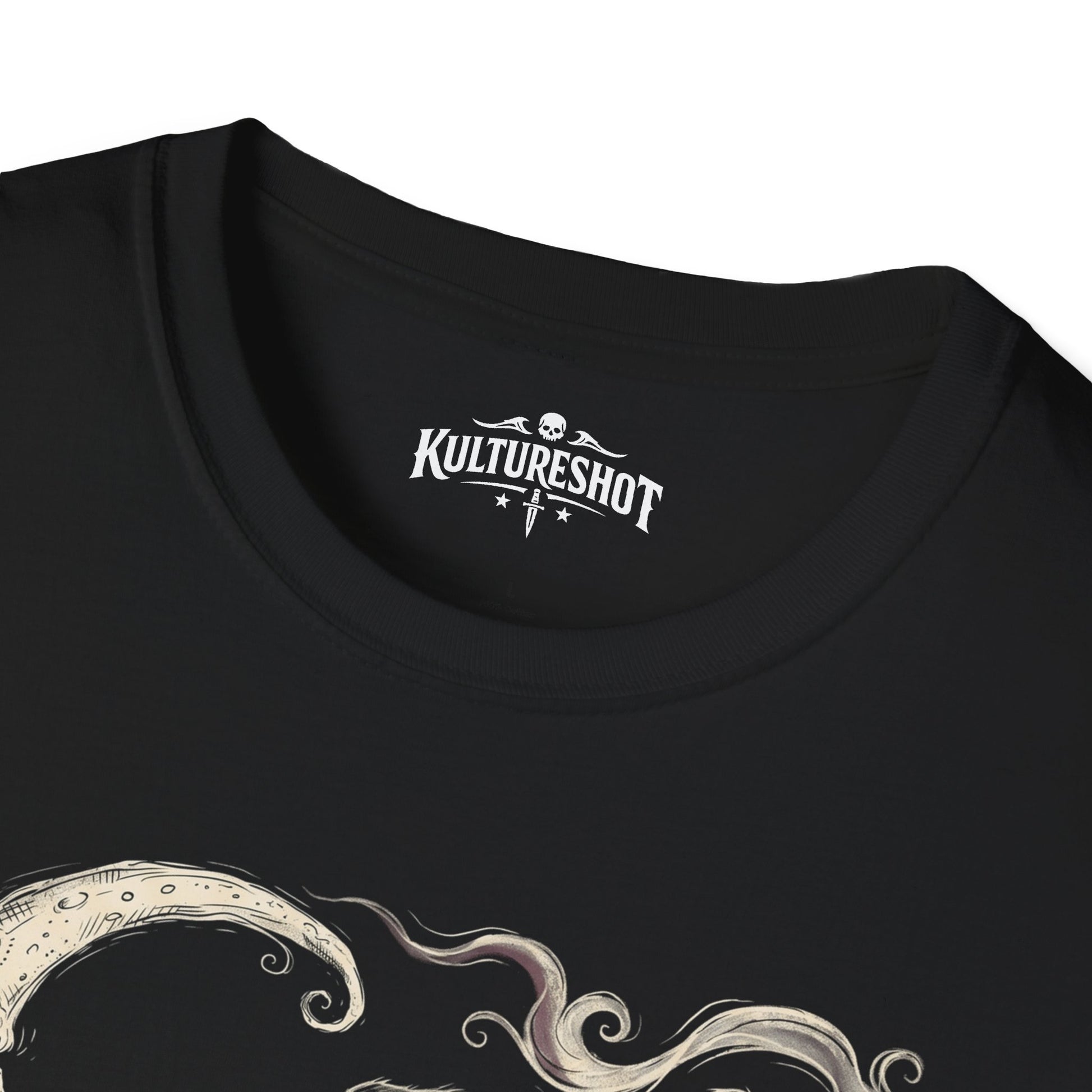 Black t-shirt with 'KultureShot' logo and decorative design on a white background