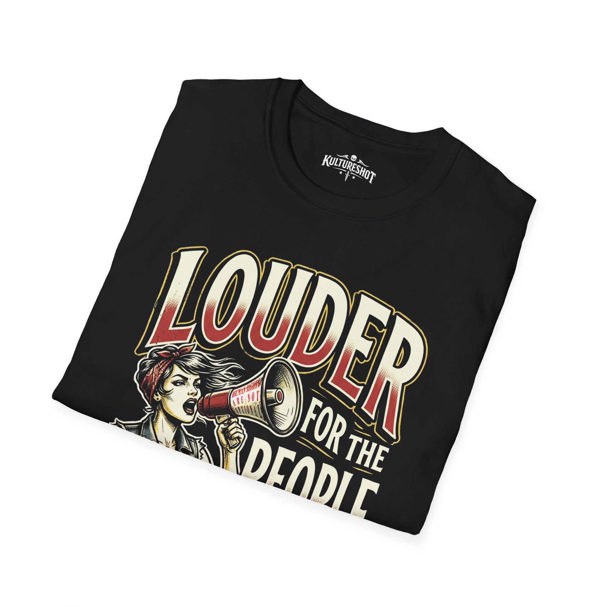 Black t-shirt with graphic design and text 'Louder for the People in denial' on a white background