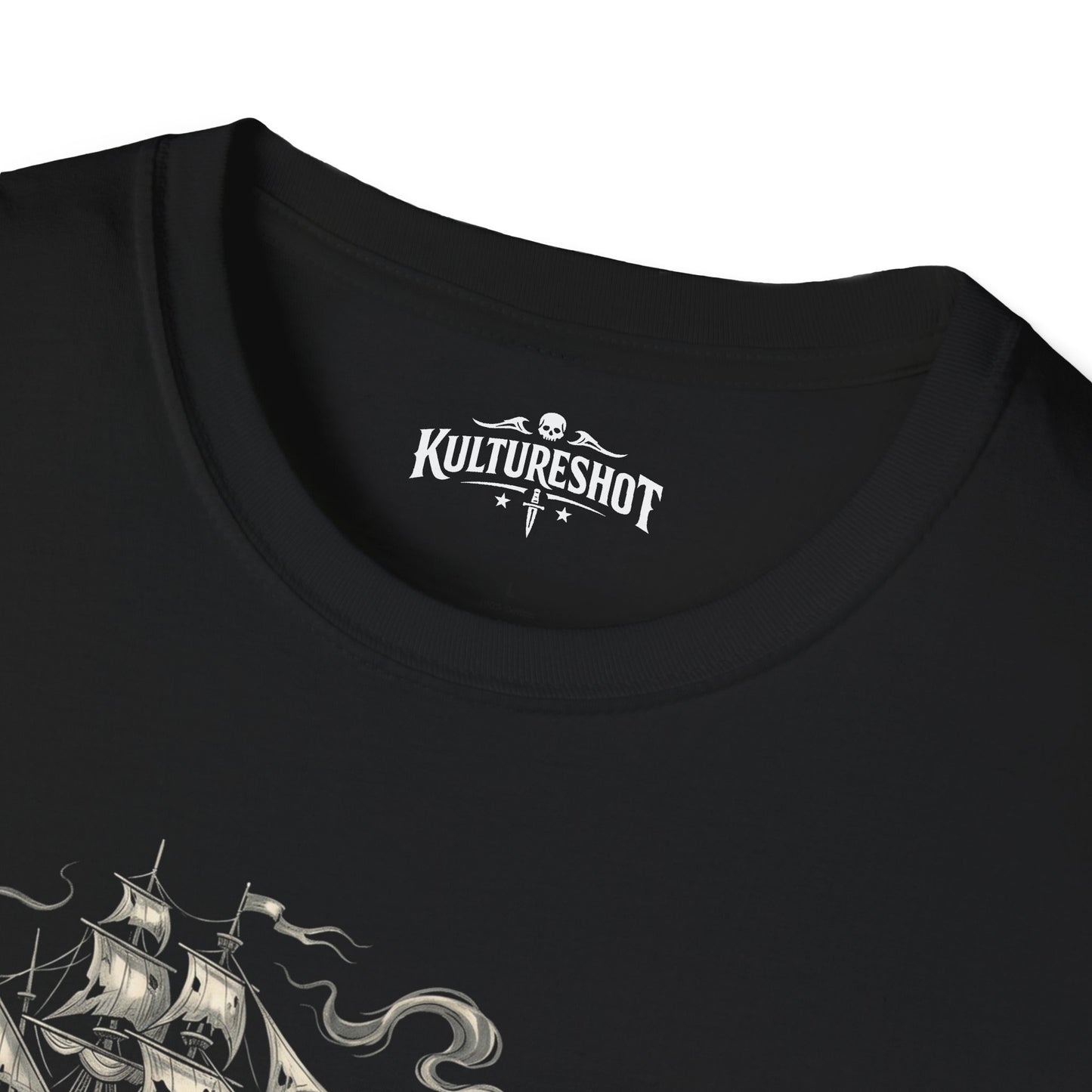 Black t-shirt with a ship design and 'Kultureshot' logo on a white background