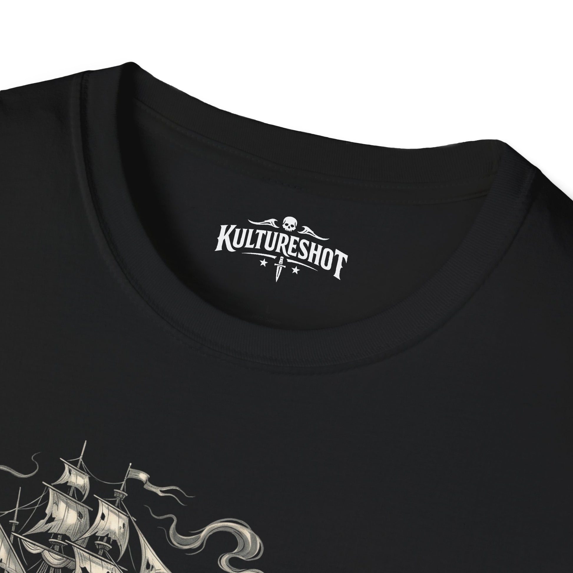 Black t-shirt with a ship design and 'Kultureshot' logo on a white background