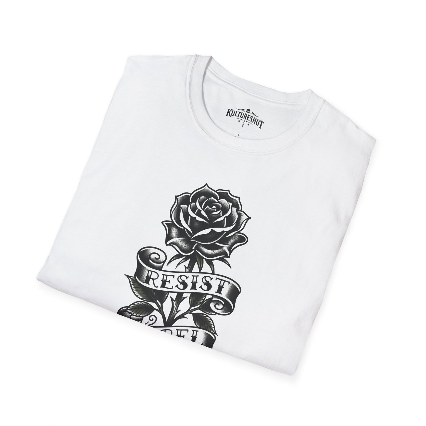 White t-shirt with black rose and 'RESIST' design on a white background