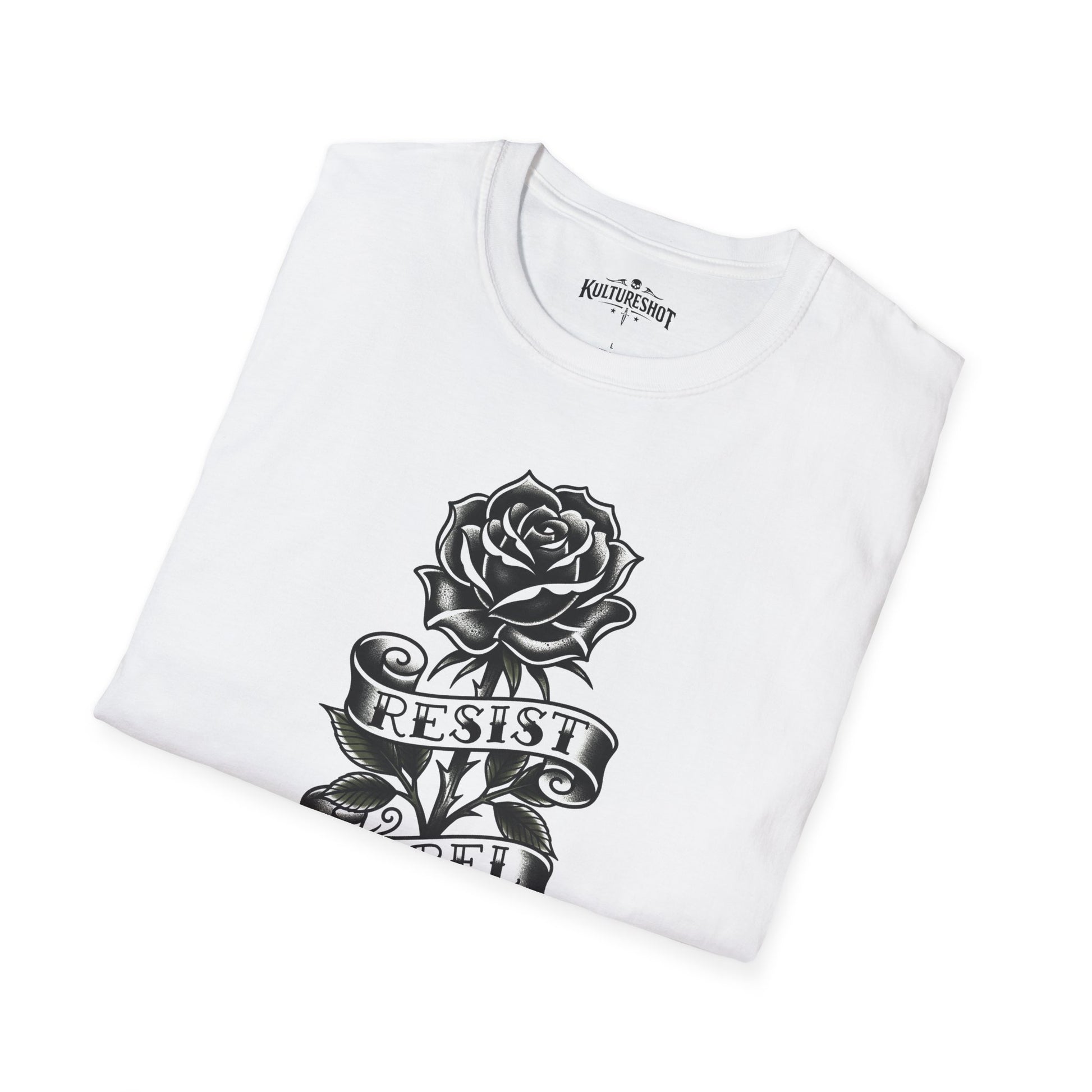 White t-shirt with black rose and 'RESIST' design on a white background