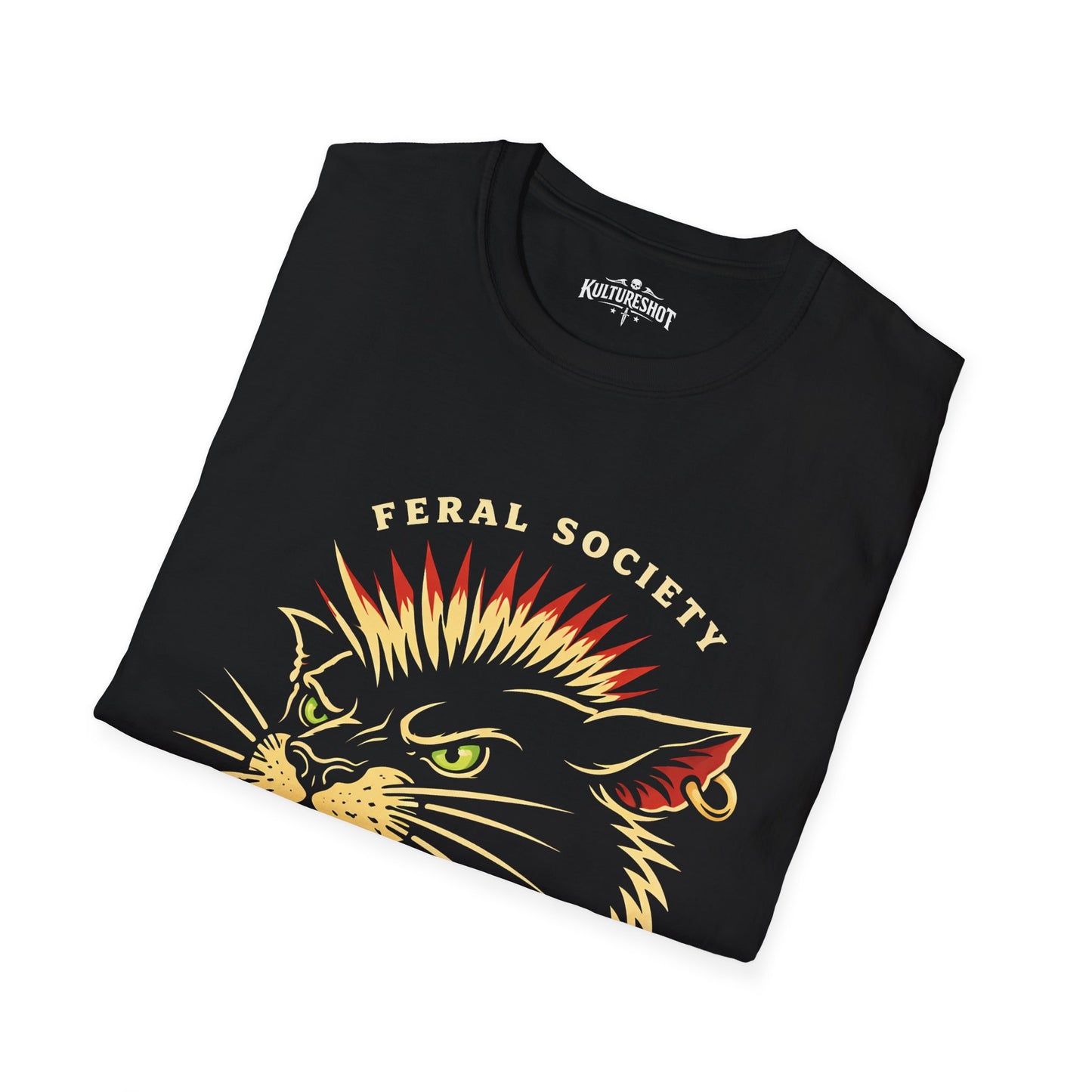 Black sweatshirt with a cat graphic and 'Feral Society' text on a white background