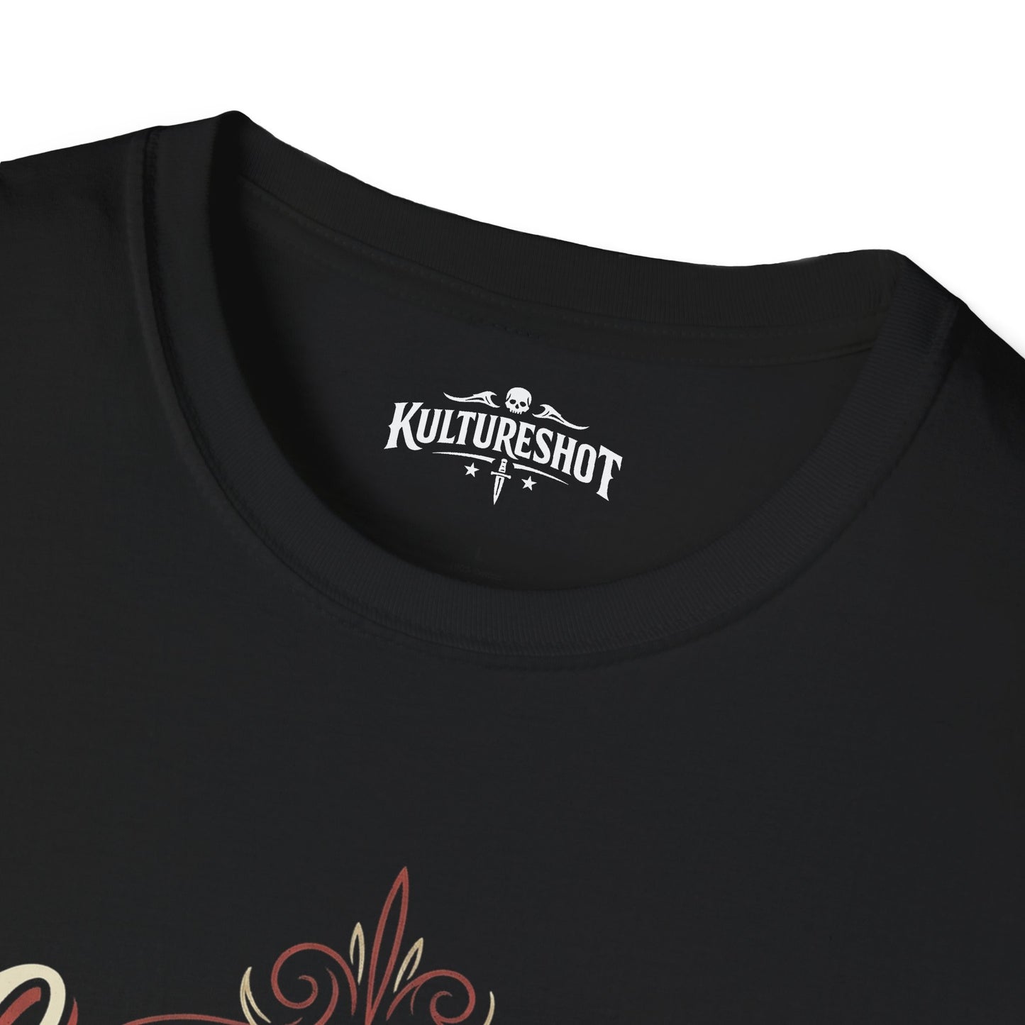 Black t-shirt with 'KultureShot' logo on a white background